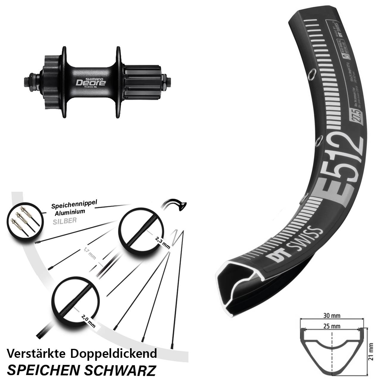 650B DT Swiss E 512 Shimano Deore FH-M525 6-Loch Hinterrad QR 8-11 fach HG