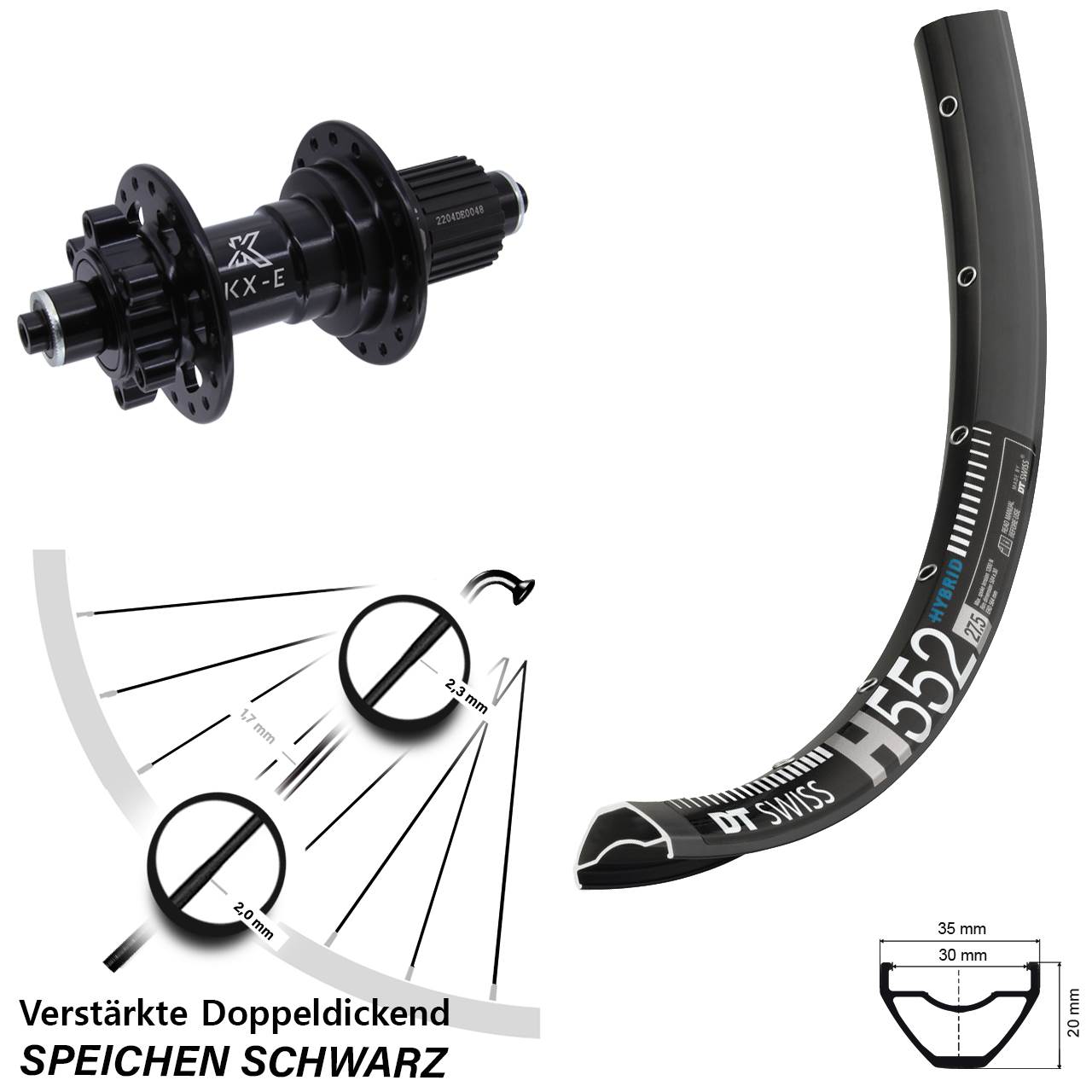 27,5 Zoll DT Swiss H552 KX-E Heavy Duty Disc Laufrad für Schnellspanner Micro Spline