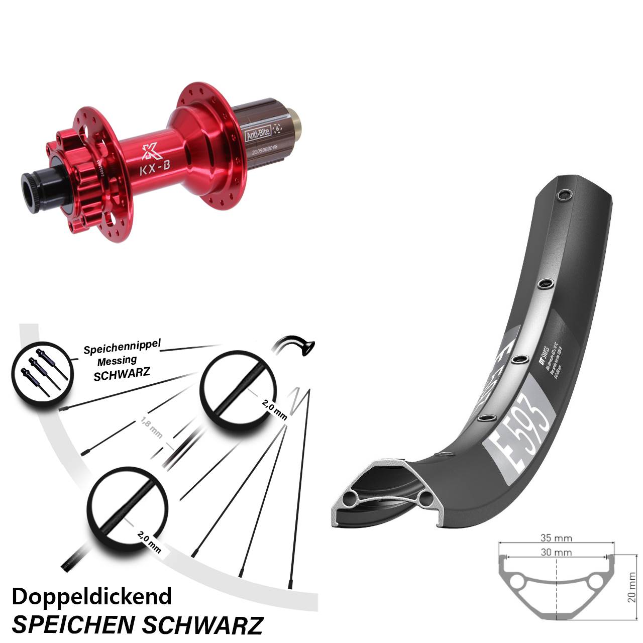 DT Swiss E593 KX-B rot 27,5 Zoll 6-Loch Hinterrad 12x148 Boost 8-12 fach