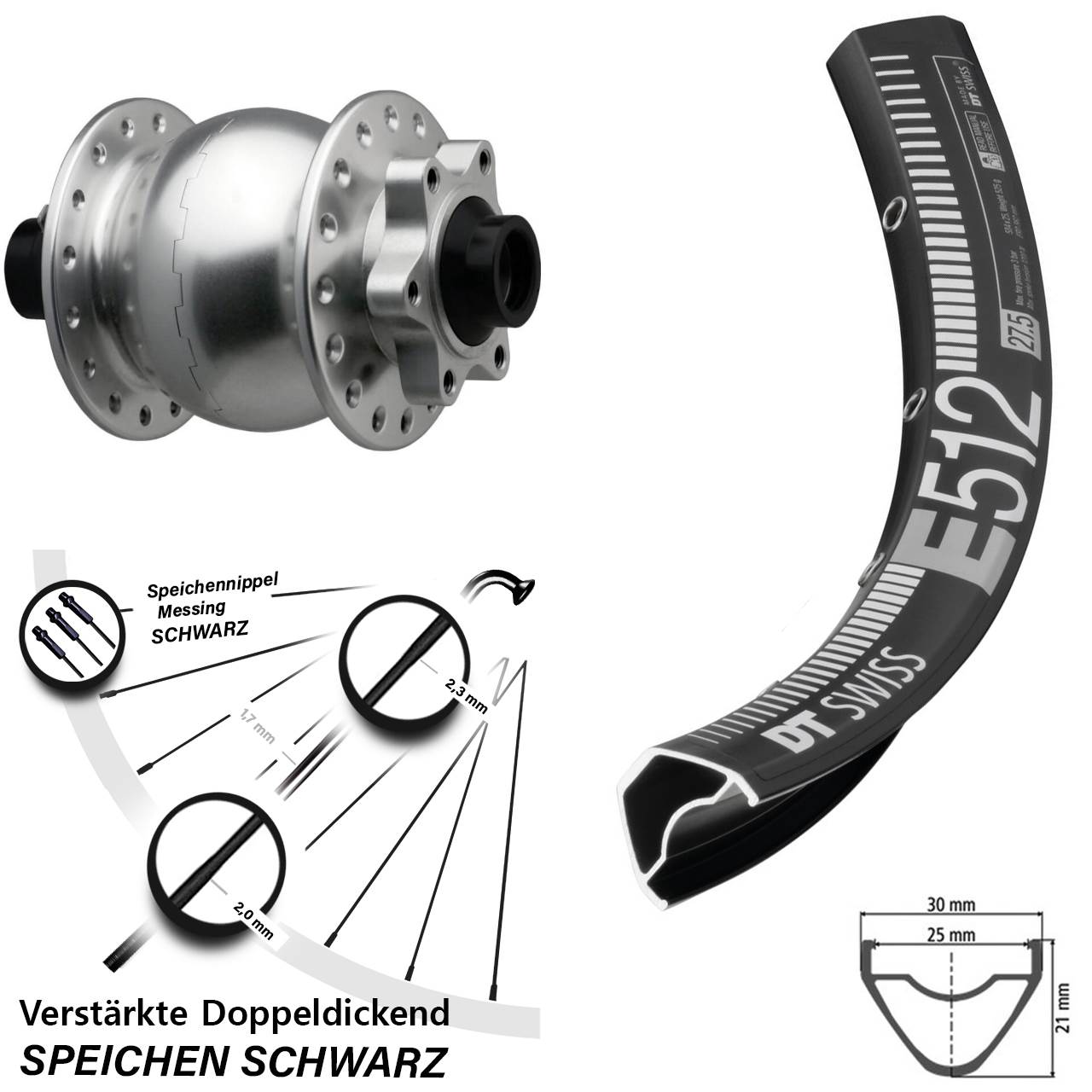 650B DT Swiss E512 SON 28 6-Loch Nabendynamo-Vorderrad 15x110 Boost