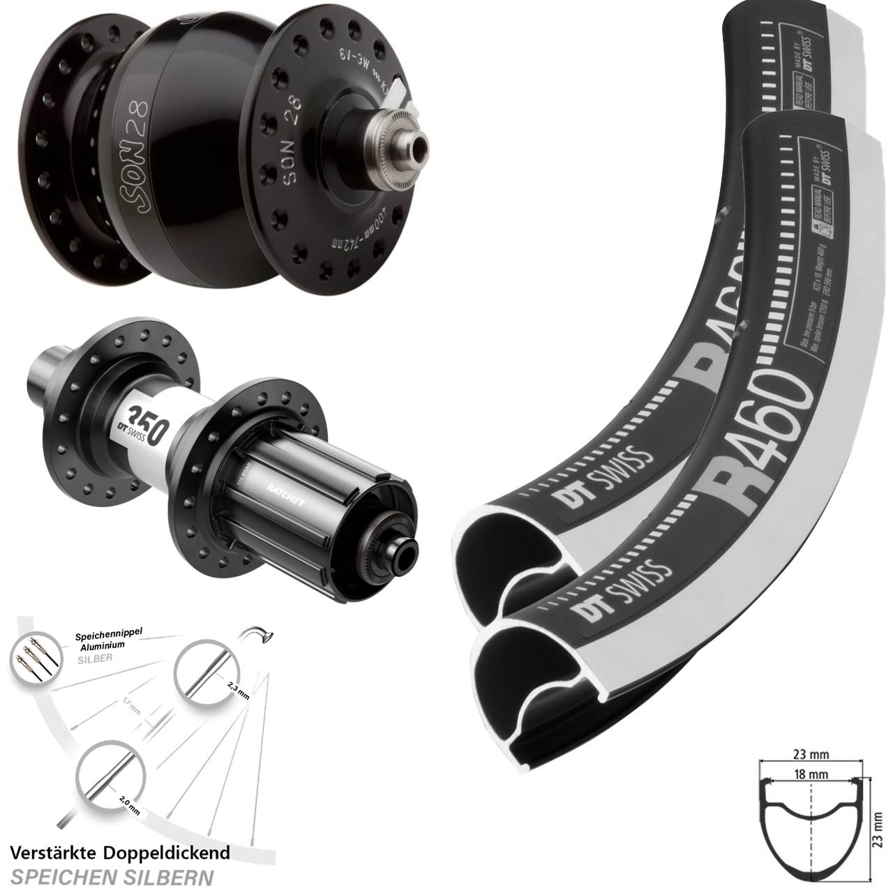 Laufradsatz SON 28 Zoll DT Swiss R460-350 Rennrad 5x100/130 11-12 fach