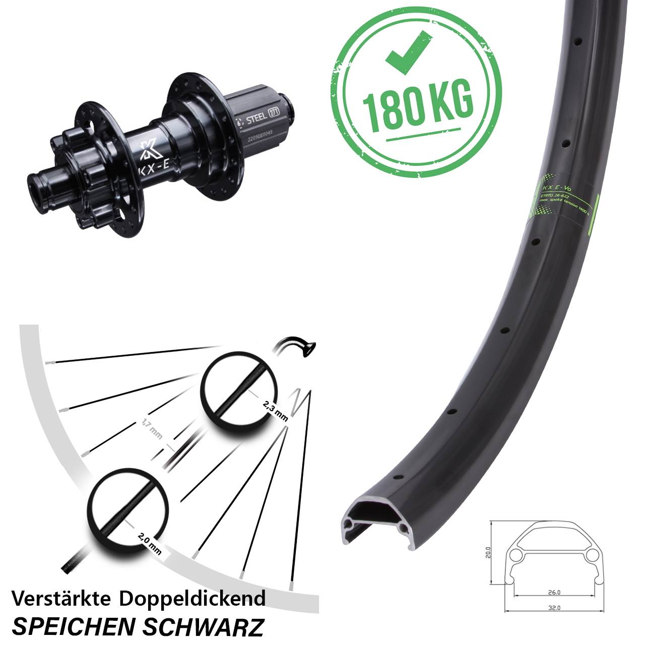 KX-Evo Hinterrad 26 Zoll 12x142 mm 6-loch 11-fach Nabe E-Bike