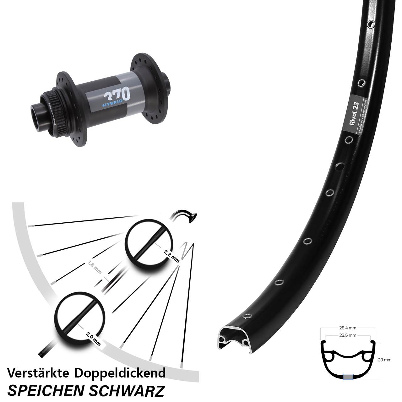 27,5 Zoll Ryde Rival 23 DT Swiss 370 Hybrid Vorderrad Boost Centerlock
