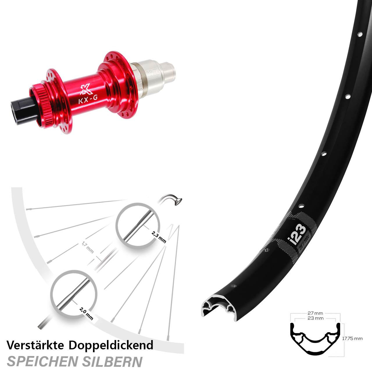 Hinterrad Centerlock 12x142 28-29 Zoll WTB i23 KX-G rot XDR