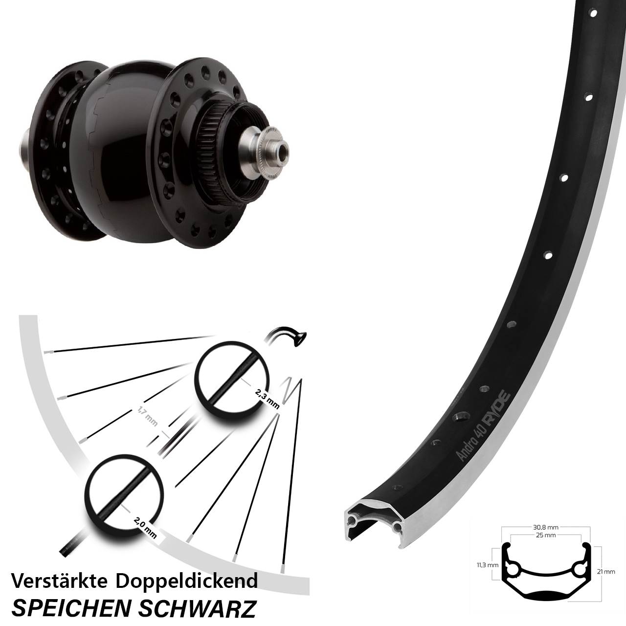 Vorderrad Heavy Duty Ryde Andra 40 CNC SON 28 Zoll schwarz