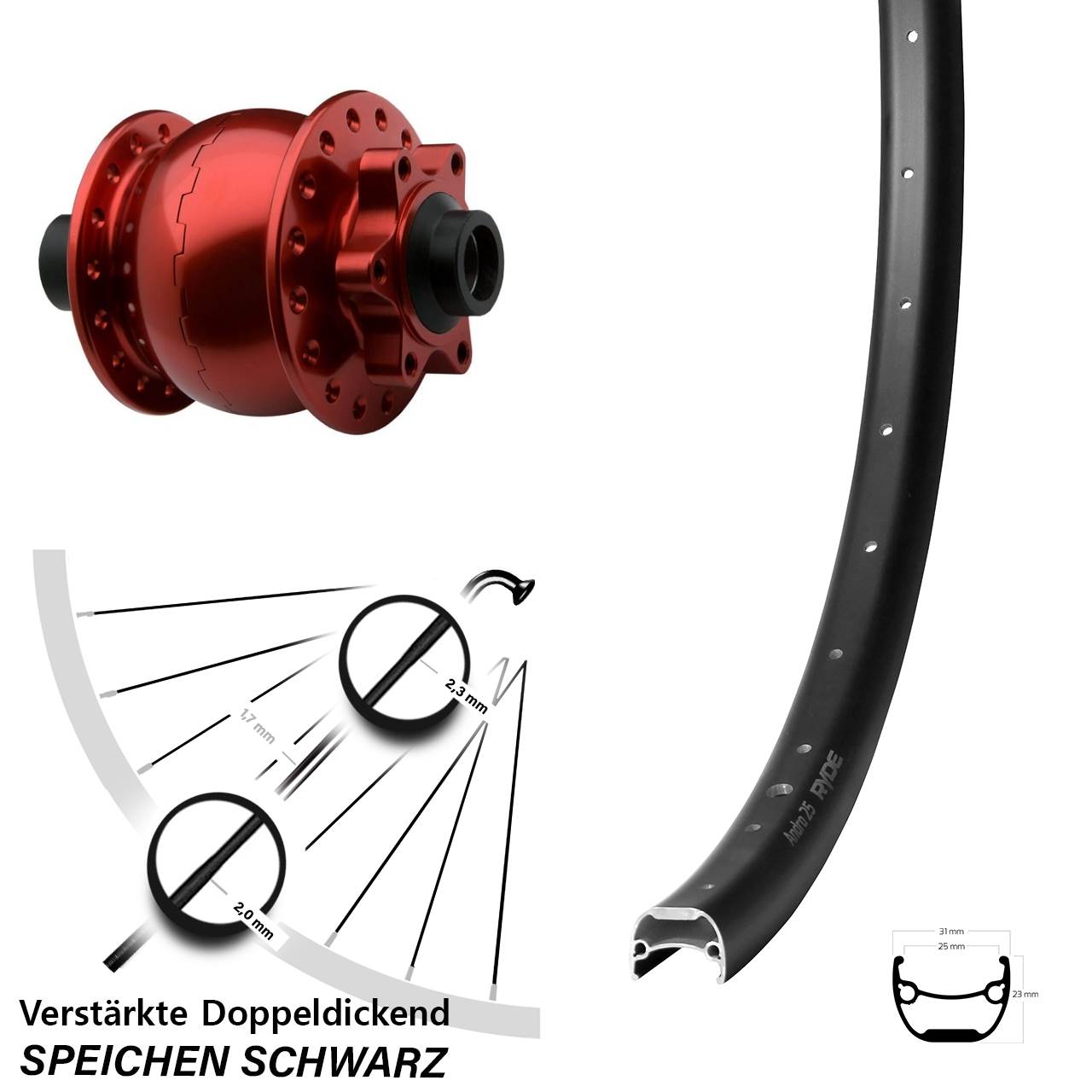 28-29 Zoll Ryde Andra 25 SON 28 rot 6-Loch Nabendynamovorderrad 15x100