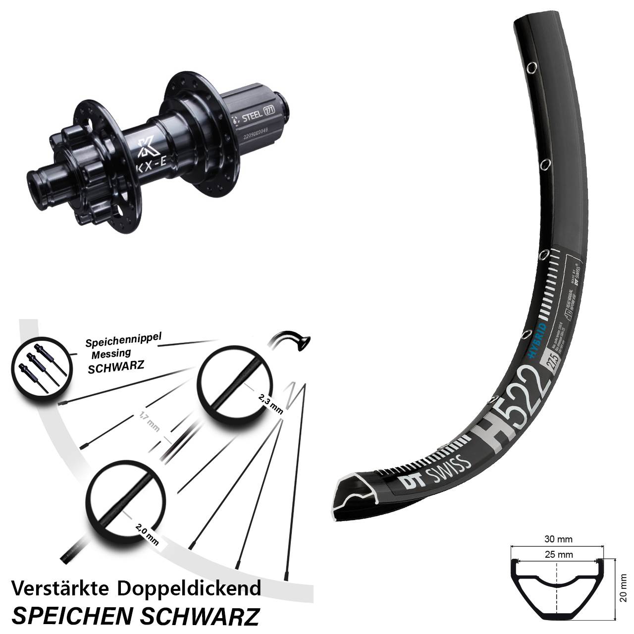 Hinterrad 6-Loch 12x142 27,5 Zoll DT Swiss H522 KX-E 8-12 fach HG