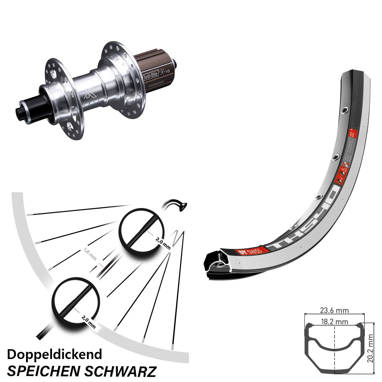 schwarzes 28 Zoll Laufrad DT Swiss TK 540 mit KX-T Nabe 135 mm 8-12 fach