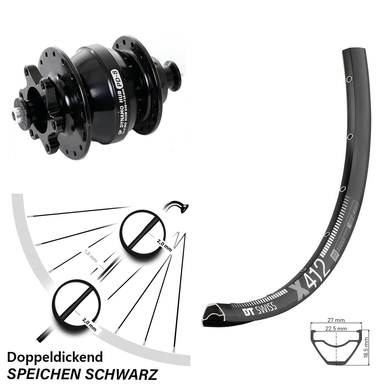 Disc 29 Zoll Vorderrad mit Nabendynamo DT Swiss X 412 Shutter PD-8 für Schnellspanner