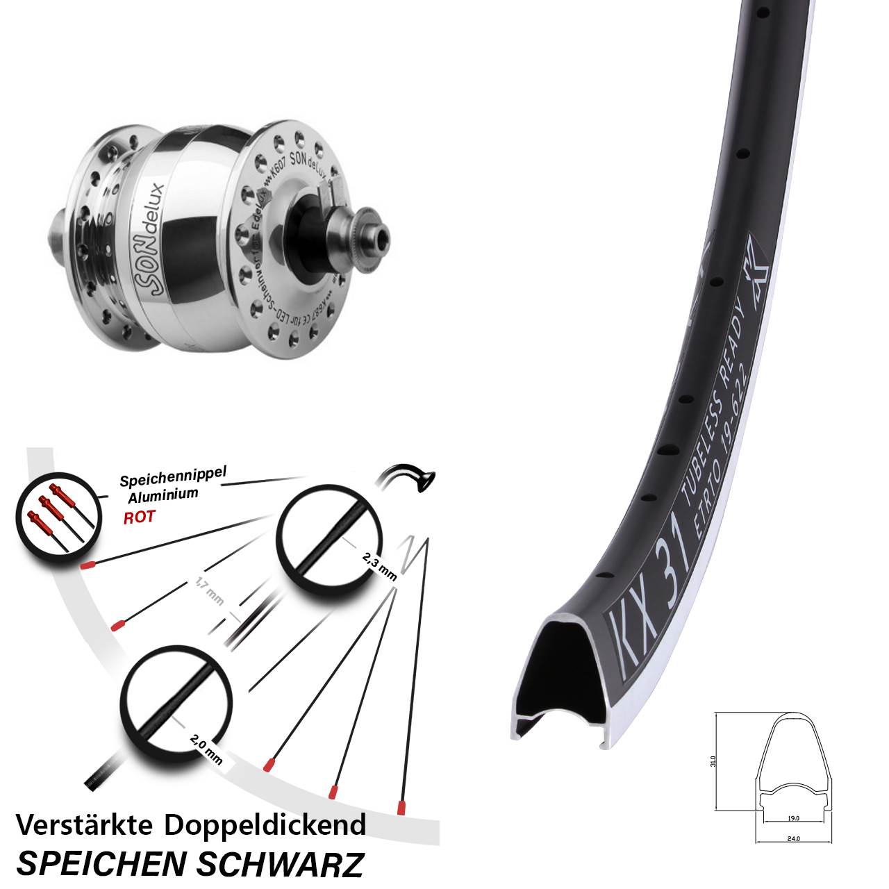 Vorderrad mit Nabendynamo 28 Zoll KX 31 SON delux QR