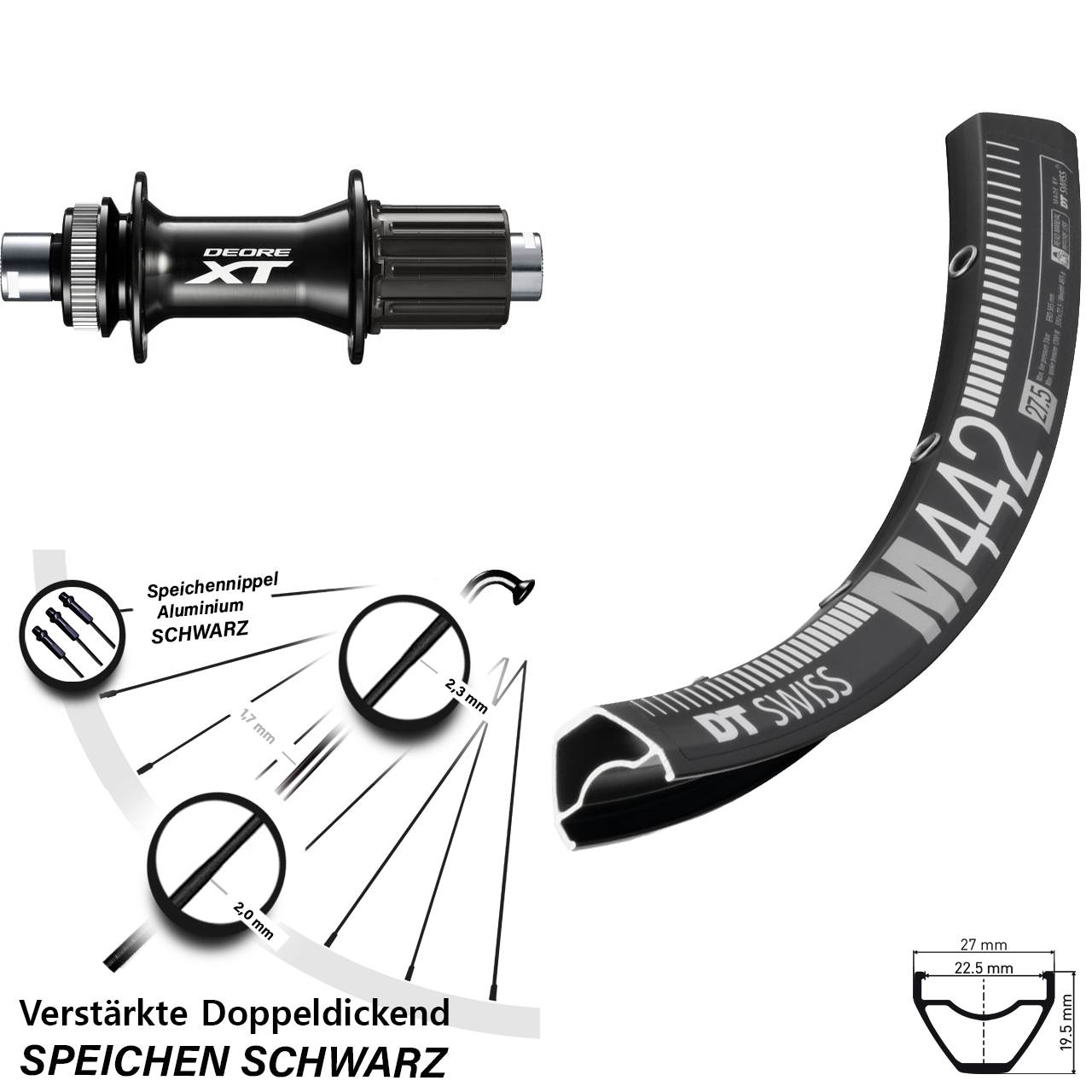 28-29 Zoll DT Swiss M 442 Shimano XT FH-M8010-B Centerlock Hinterrad 12x148 8-11 fach HG