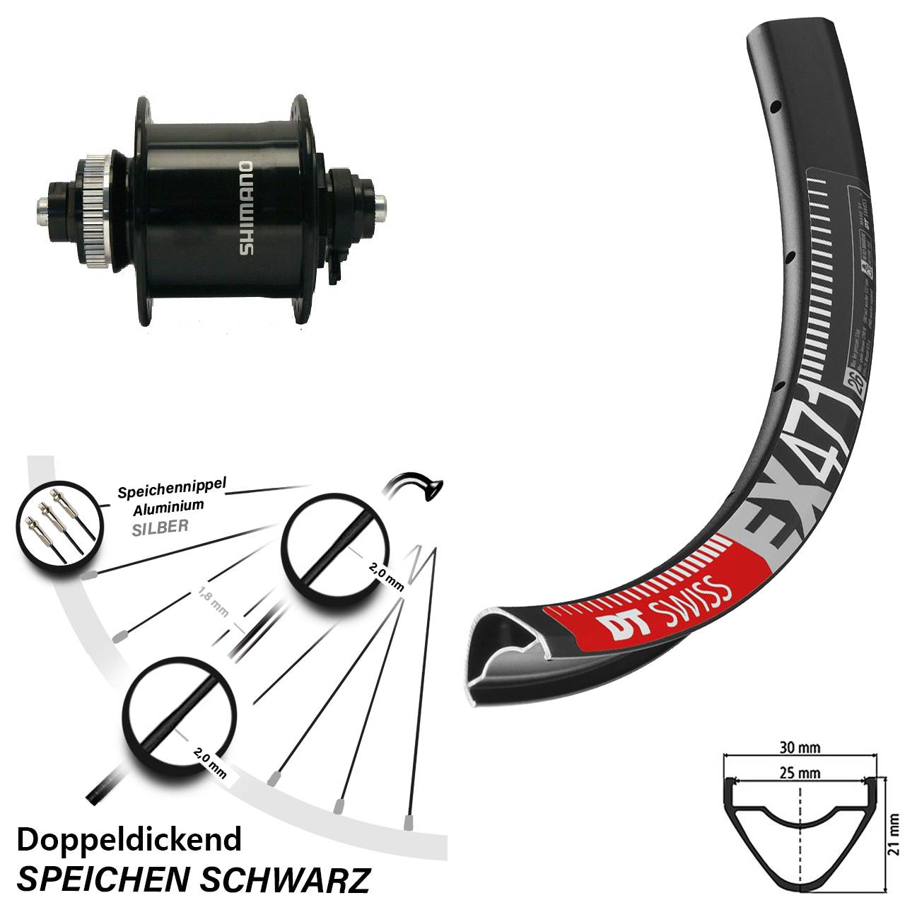 26 Zoll DT Swiss EX 471 Shimano DH-UR700-3D Disc Nabendynamovorderrad für Schnellspanner