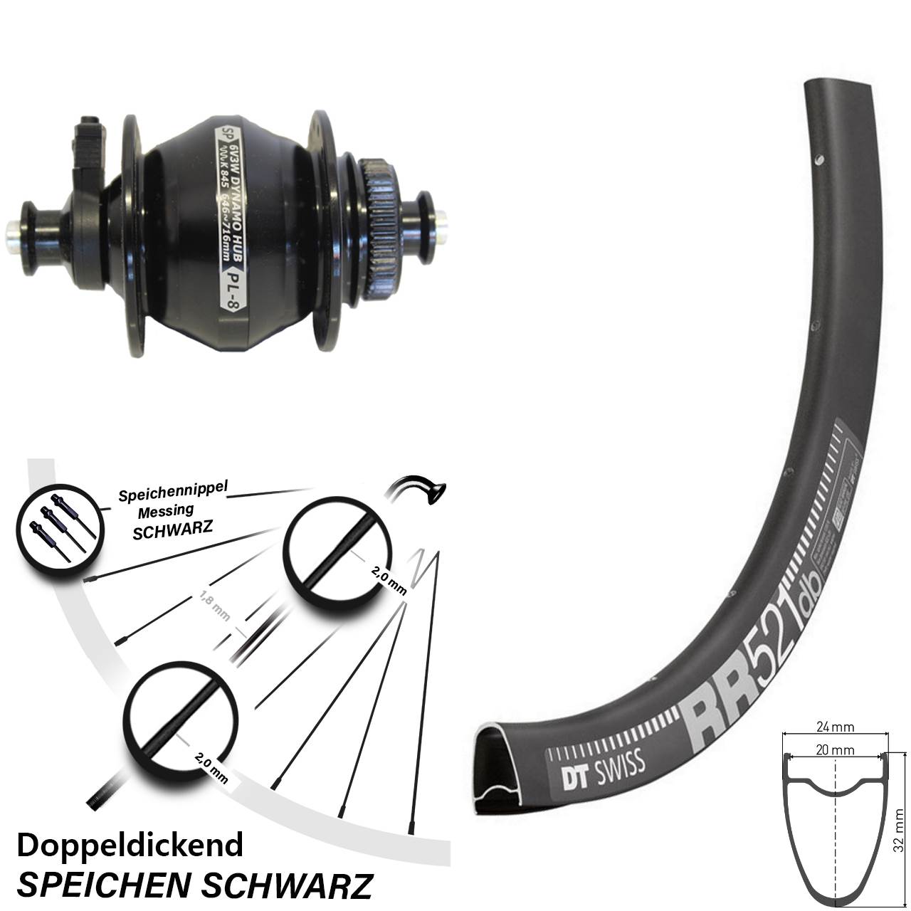 Disc Nabendynamo-Laufrad 28 Zoll DT Swiss RR521 Shutter Precision PL-8 für Schnellspanner