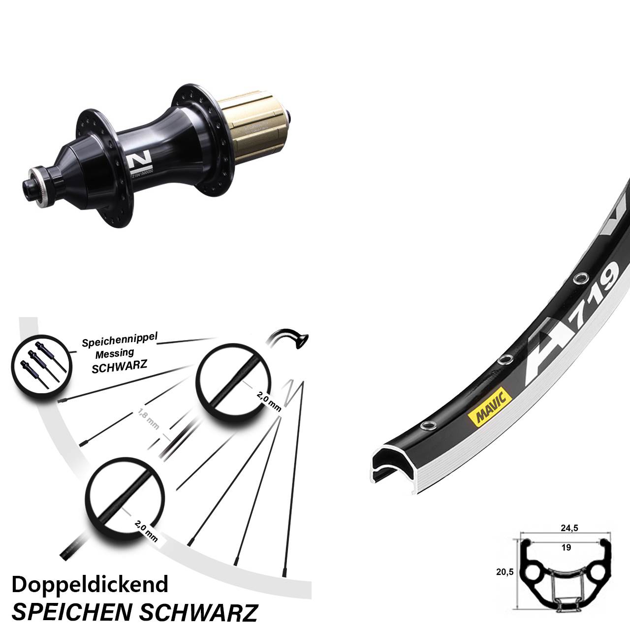 28 Zoll Hinterrad Mavic A 719 mit Novatec F 162 SB Nabe 8-12 fach