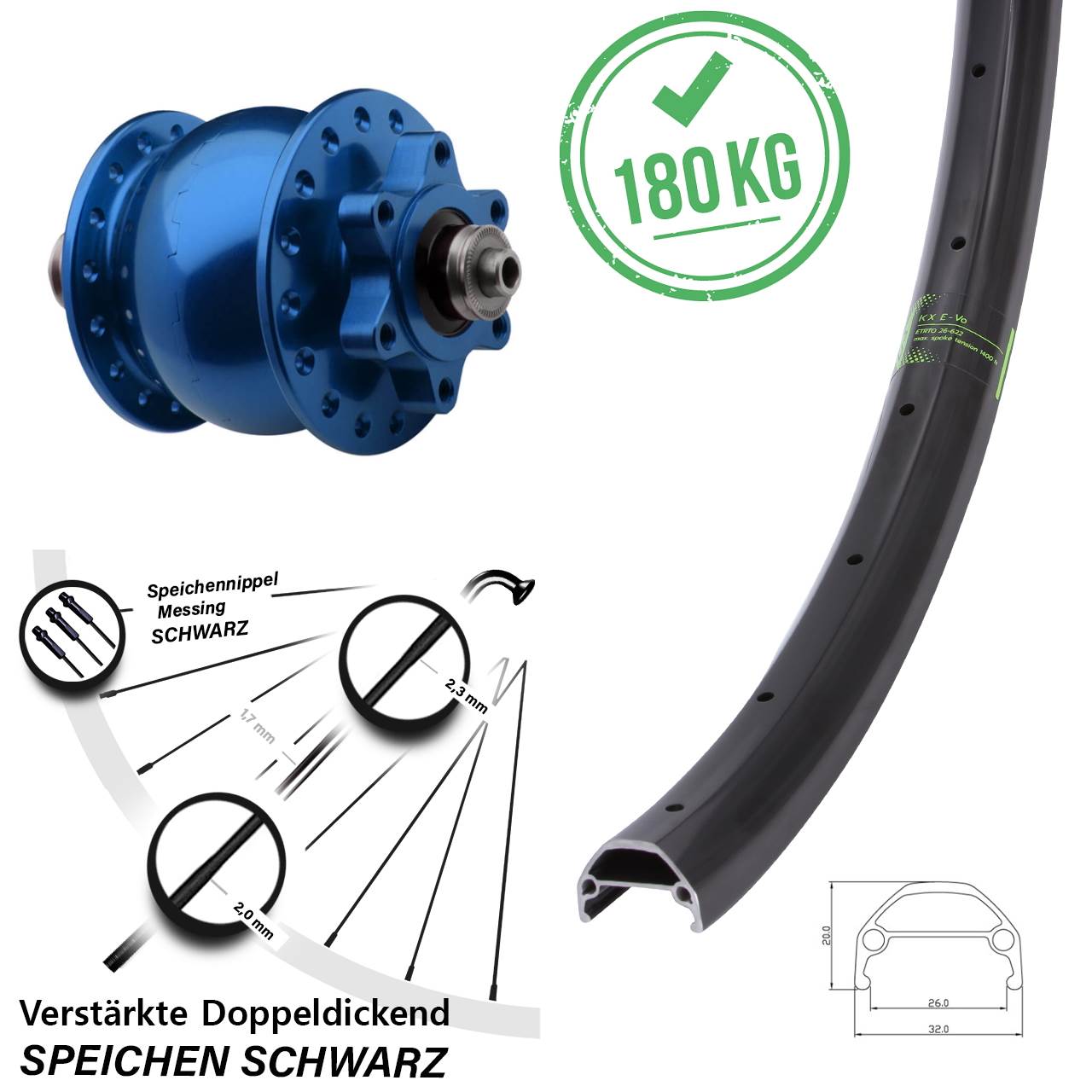 Disc Vorderrad mit Nabendynamo 20 Zoll KX Evo SON 28 blau QR