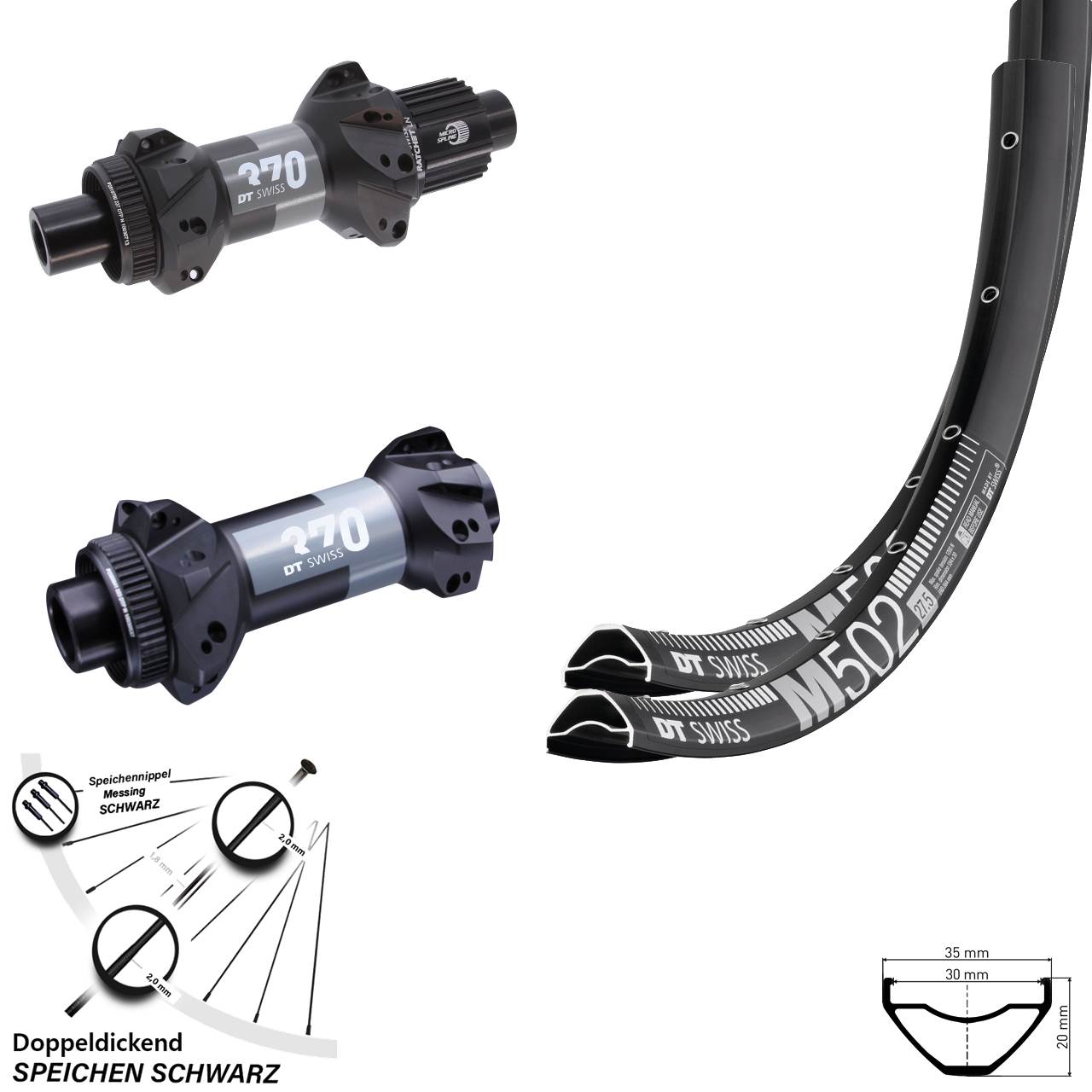 DT Swiss M502 370 Straightpull 29 Zoll Laufradsatz Centerlock 15x110 12x148 Micro Spline