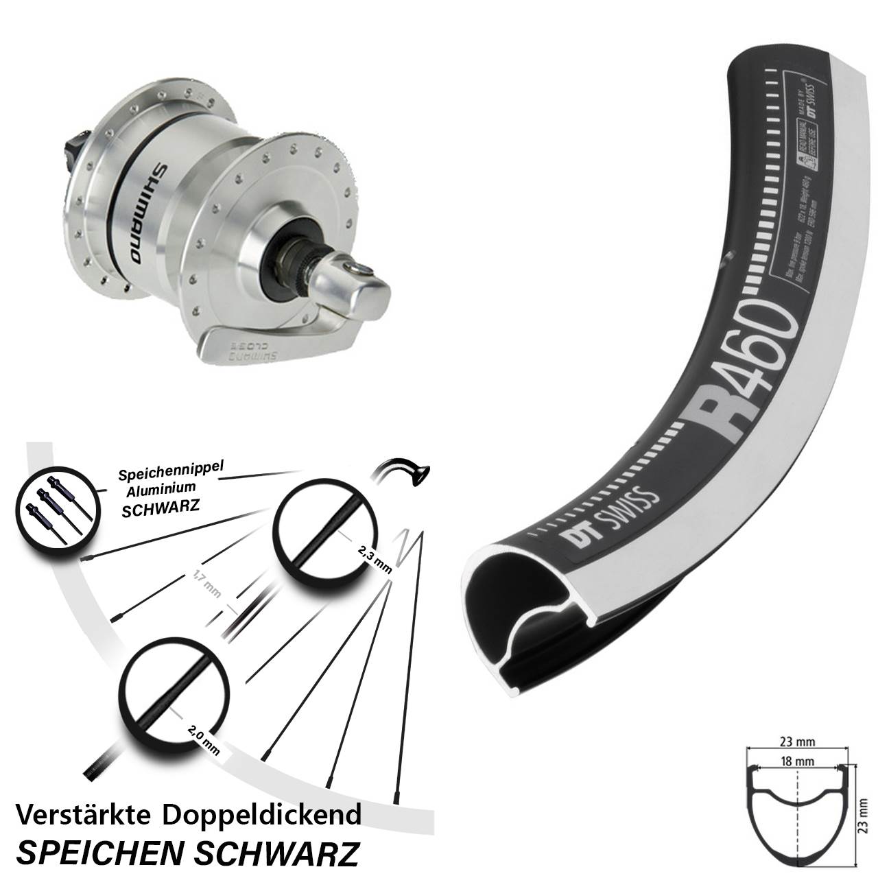 Nabendynamovorderrad QR 28 Zoll DT Swiss R 460 CNC Shimano DH3N72