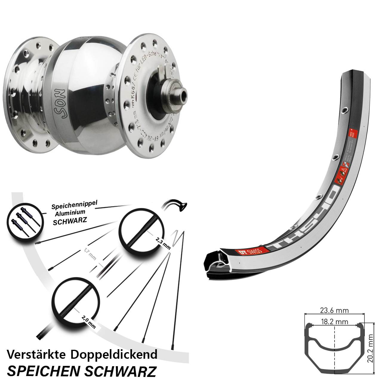 SONdelux wide body DT Swiss TK 540 28 Zoll Nabendynamovorderrad QR