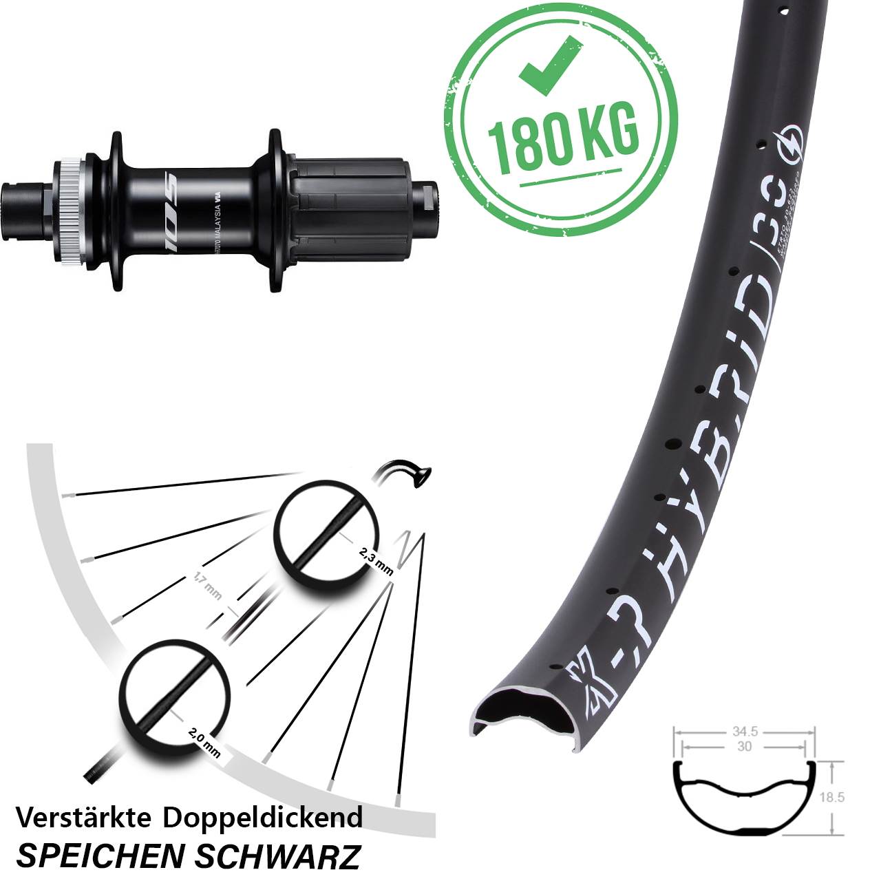 29 Zoll KX-R Hybrid 30 Shimano 105 FH-R7070 Centerlock Hinterrad 12x142 8-12 fach HG