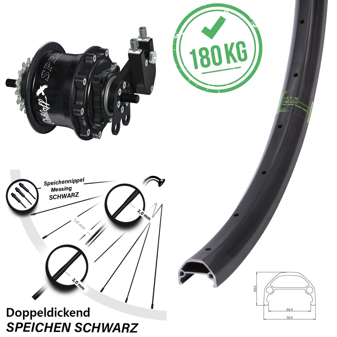 schwarzes 20 Zoll Hinteres Rad KX Evo mit Rohloff Speedhub 500/14 TS DB schwarz Nabe