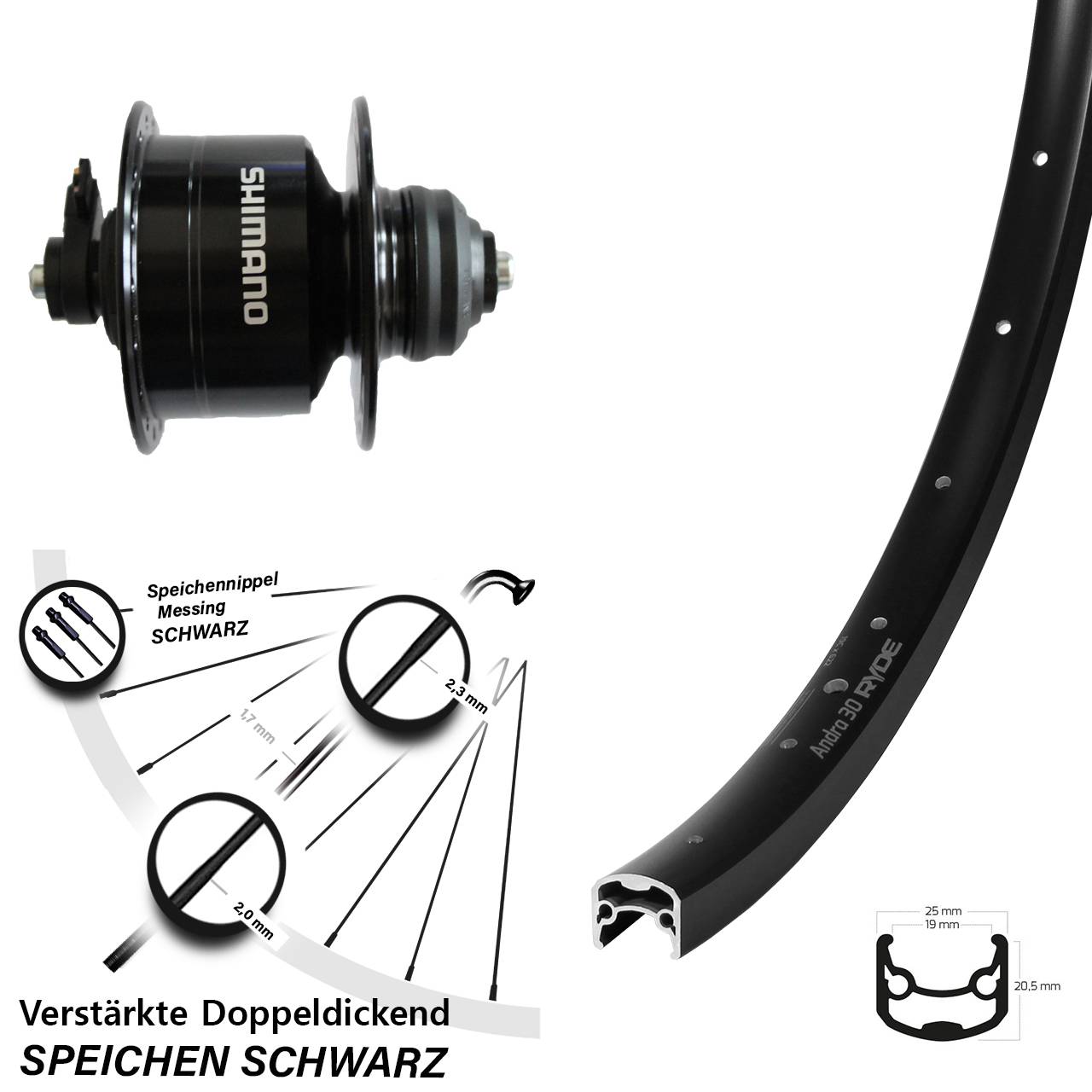 29 Zoll Ryde Andra 30 Disc Shimano DH3D72 Dynamo-Vorderrad Centerlock für Schnellspanner
