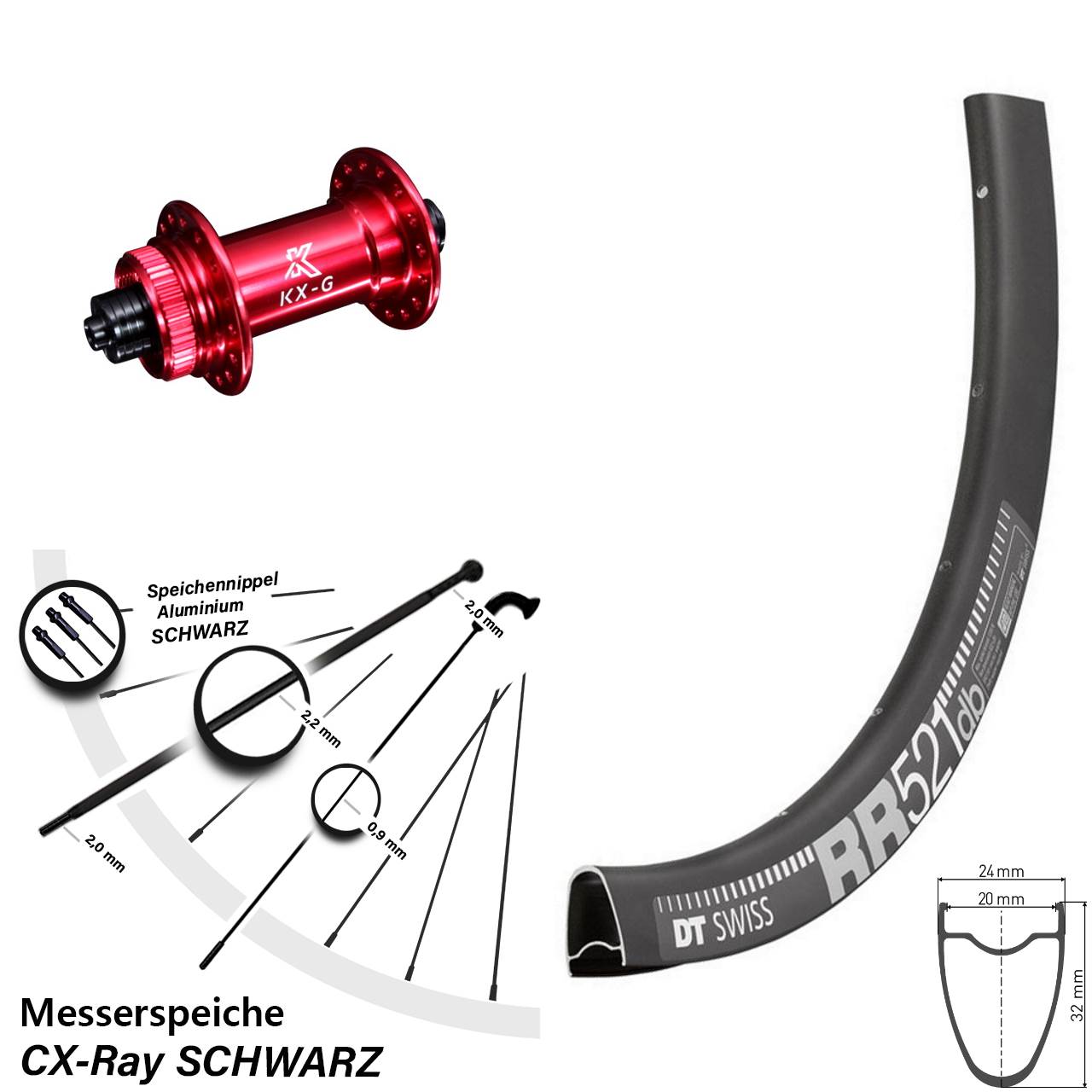 Centerlock Vorderrad 28 Zoll DT Swiss RR 521 KX-G rot QR CX-Ray