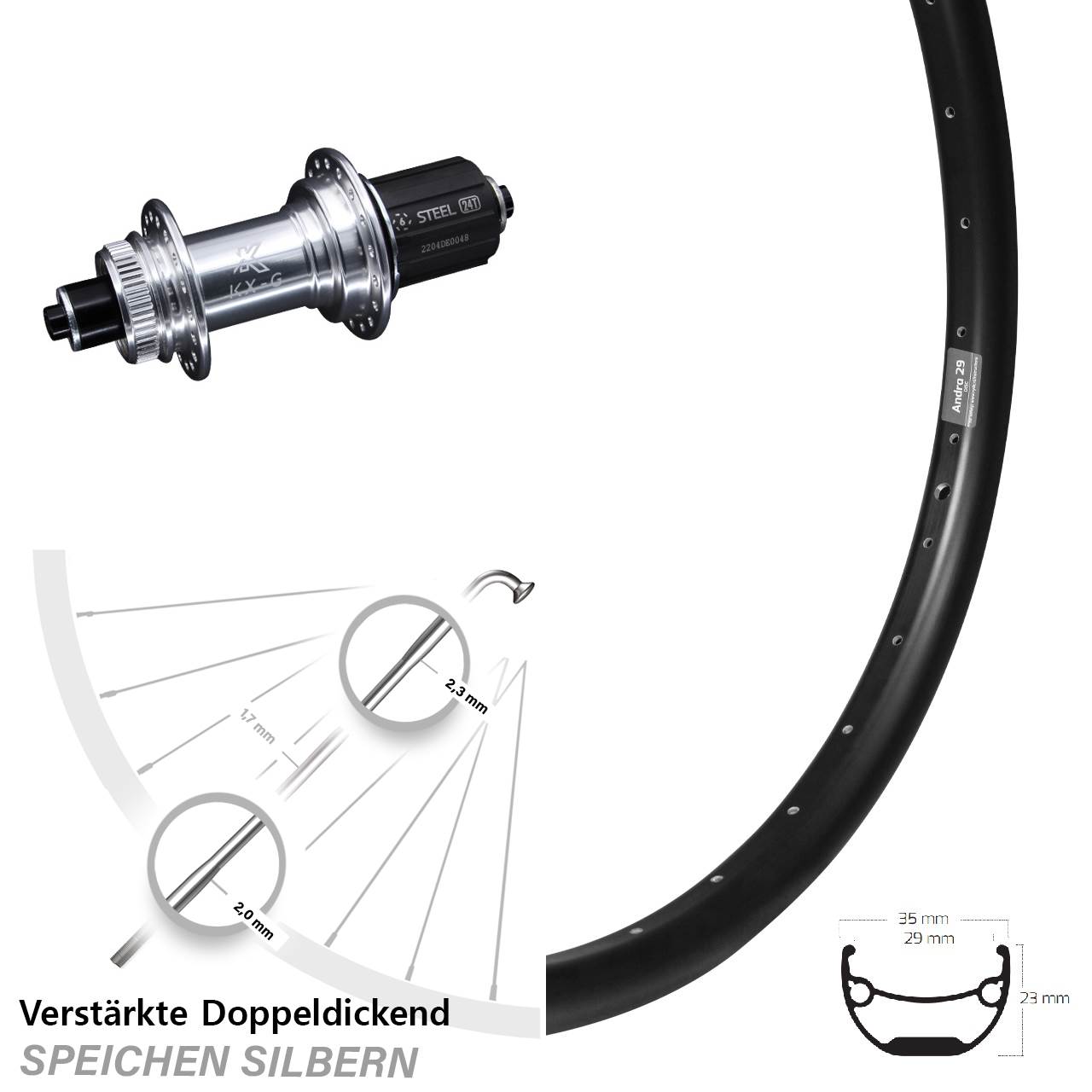Disc Hinterrad 27,5 Zoll Ryde Andra 29 KX-G/S verstärkt 8-12 fach QR