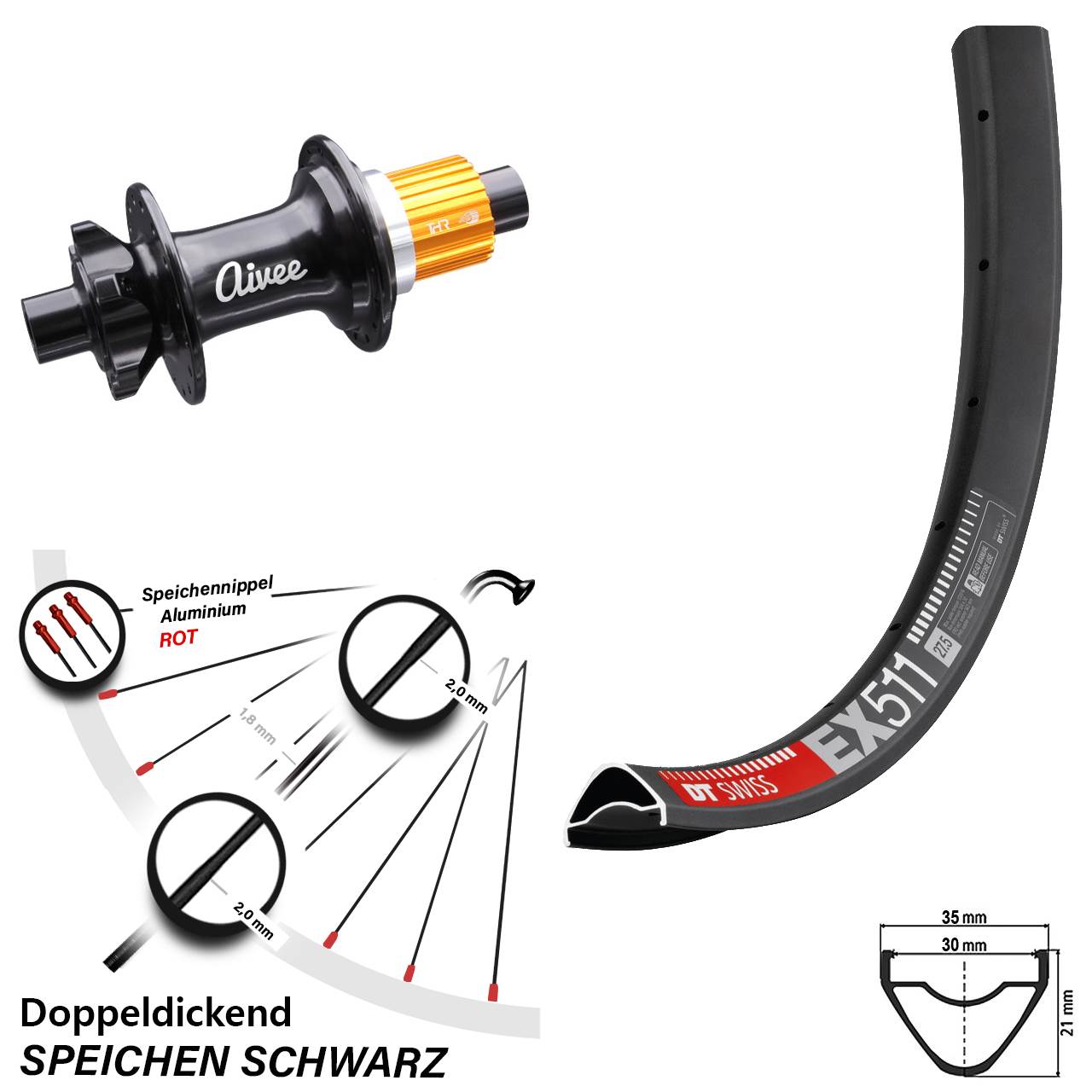 Disc Hinterrad 27,5 Zoll DT Swiss EX 511 Aivee Classic Micro Spline 12x148 Boost
