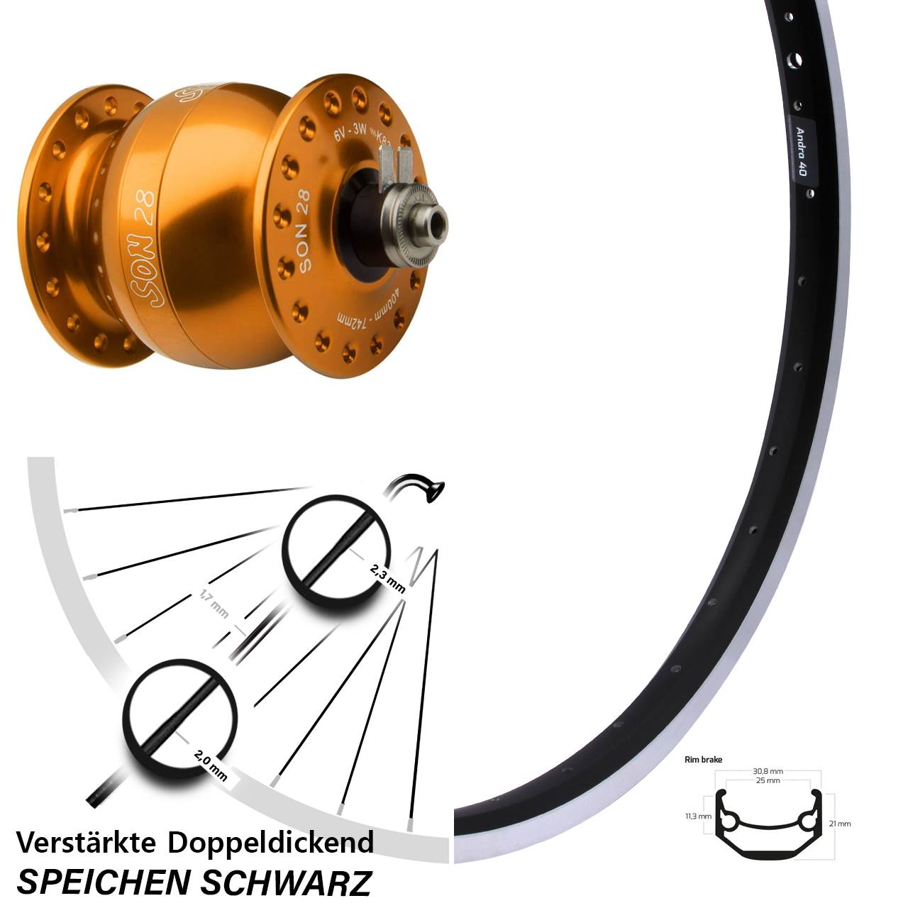 26 Zoll Ryde Andra 40 SON 28 orange Vorderrad mit Nabendynamo für Schnellspanner