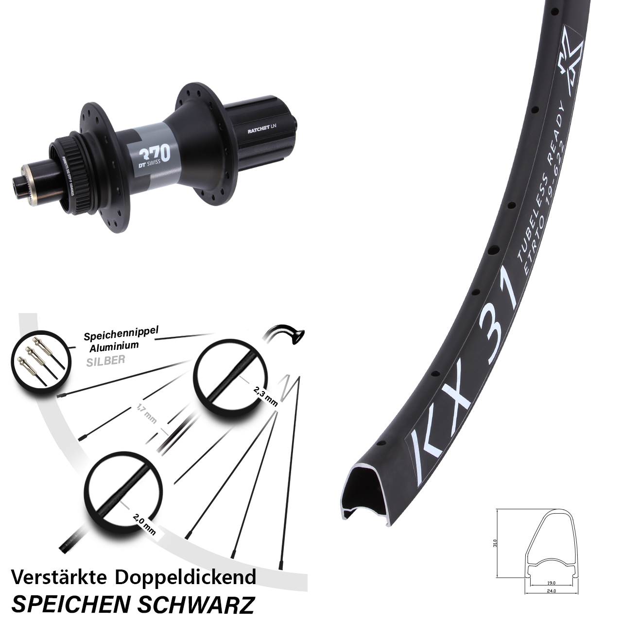 KX 31 DT Swiss 370 28 Zoll Centerlock Hinterrad QR 8-12 fach