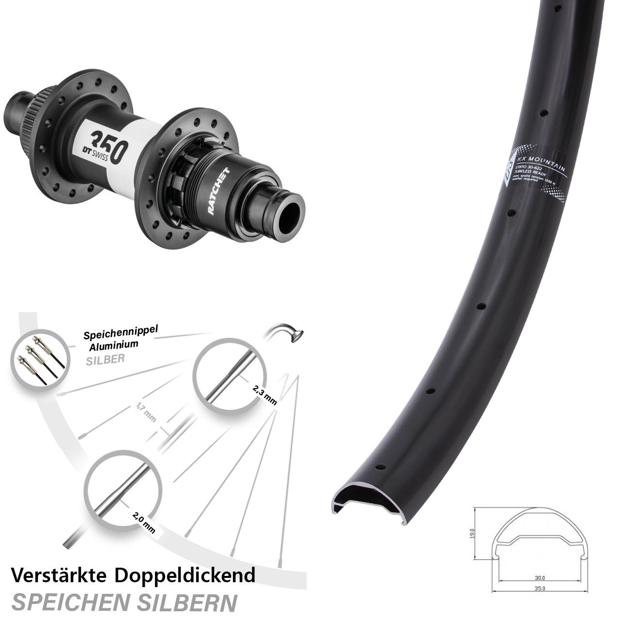 Centerl. Hinterrad 12x142 29 Zoll KX Mountain DT Swiss 350 CL SRAM XD