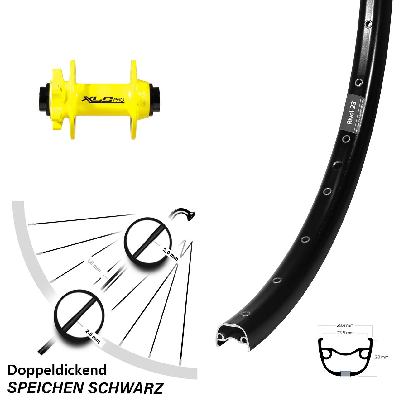27,5 Zoll Ryde Rival 23 XLC Pro gelb 6-Loch Vorderrad 15x100