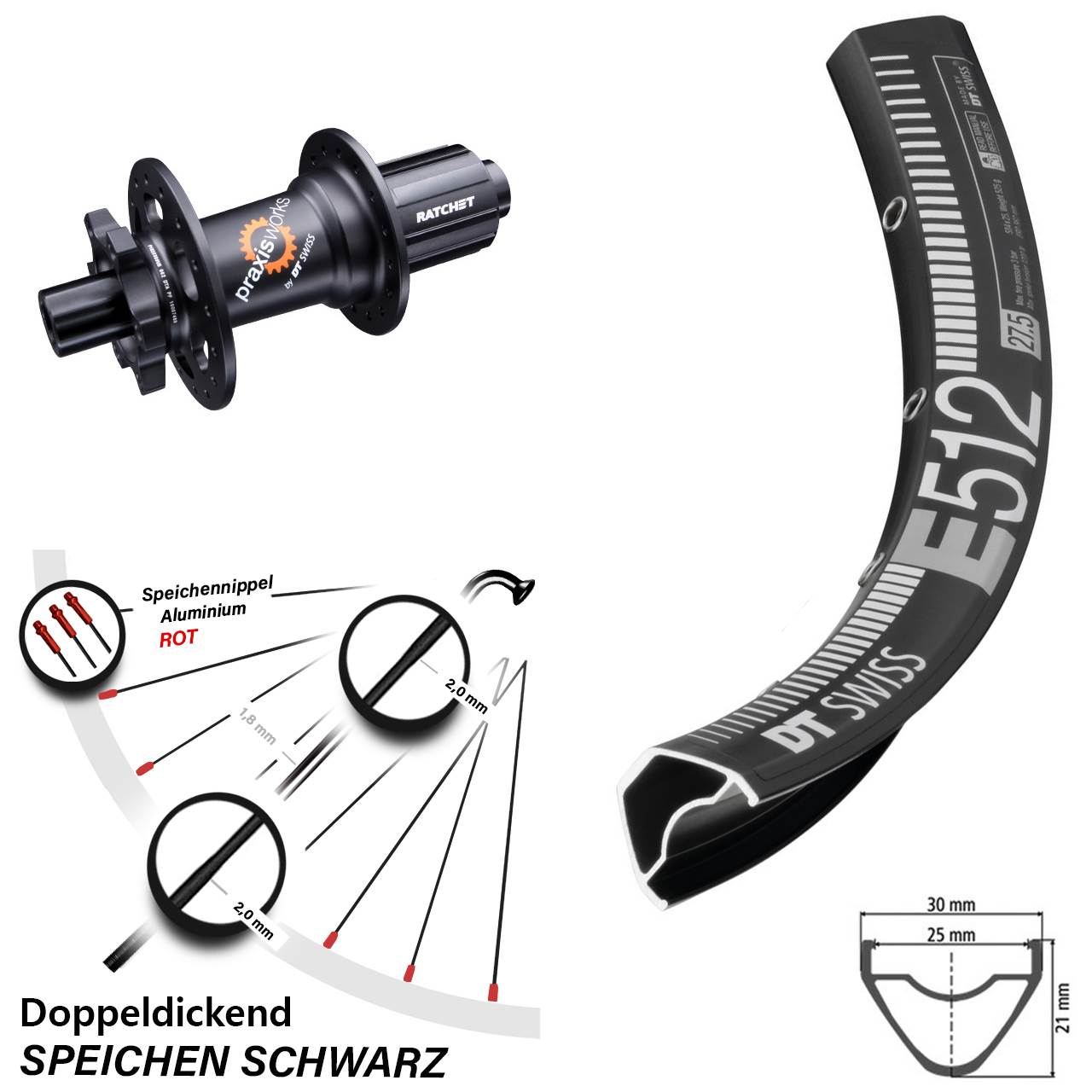 6-Loch Hinterrad 27,5 Zoll DT Swiss E512-350 8-11 fach HG 12x142