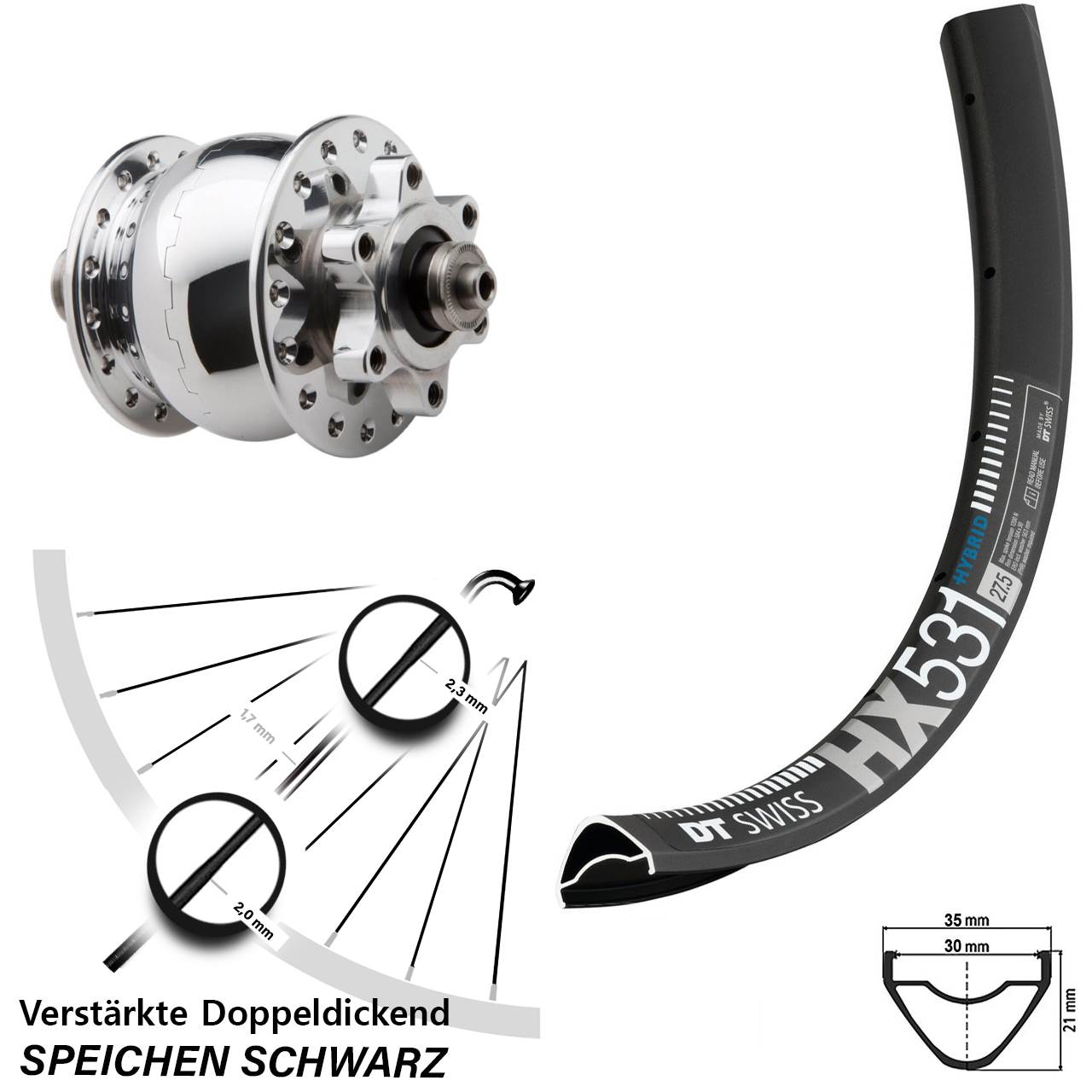 Nabendynamovorderrad 6-Loch 29 Zoll DT Swiss HX531 SON 28 QR