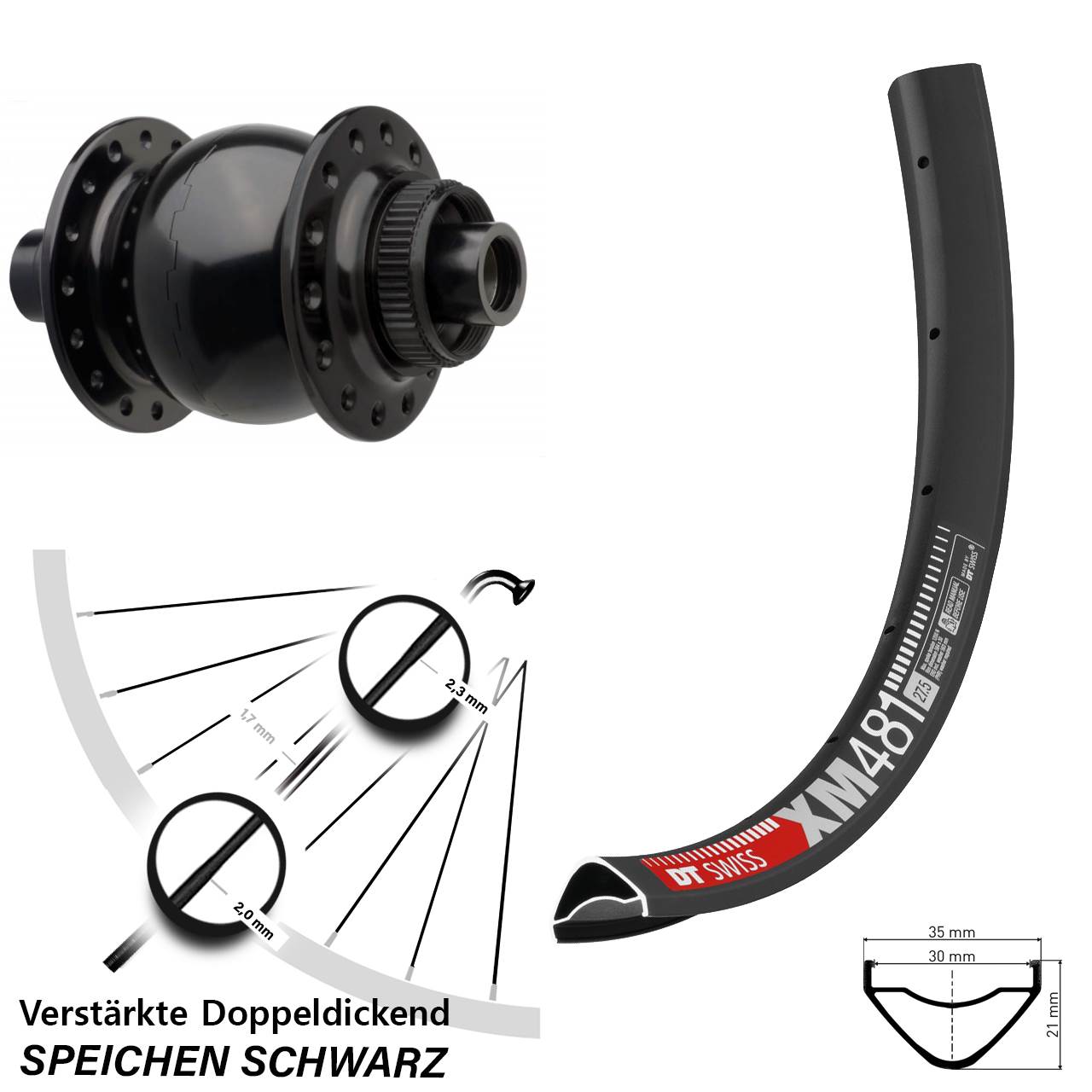 Vorderrad Dynamo DT Swiss XM 481 Disc SON 28-15 Steckachse 110 Boost schwarz
