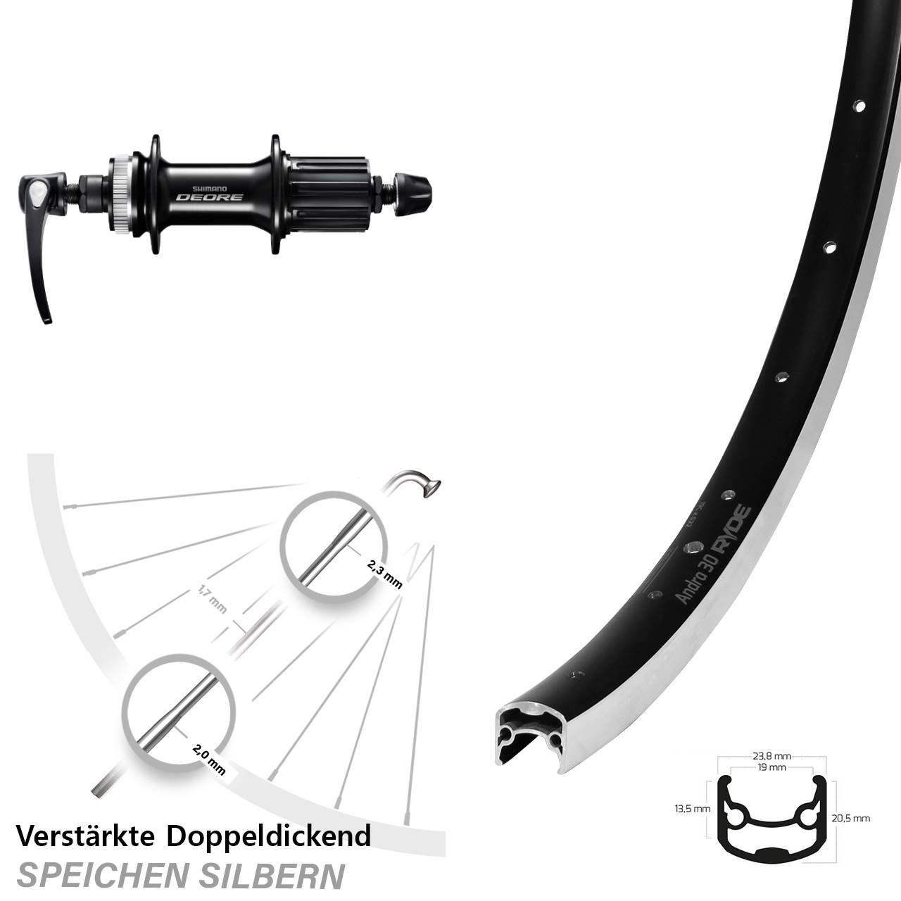Hinterrad 28 Zoll Ryde Andra 30 Shimano Deore 8-11 fach HG für Schnellspanner