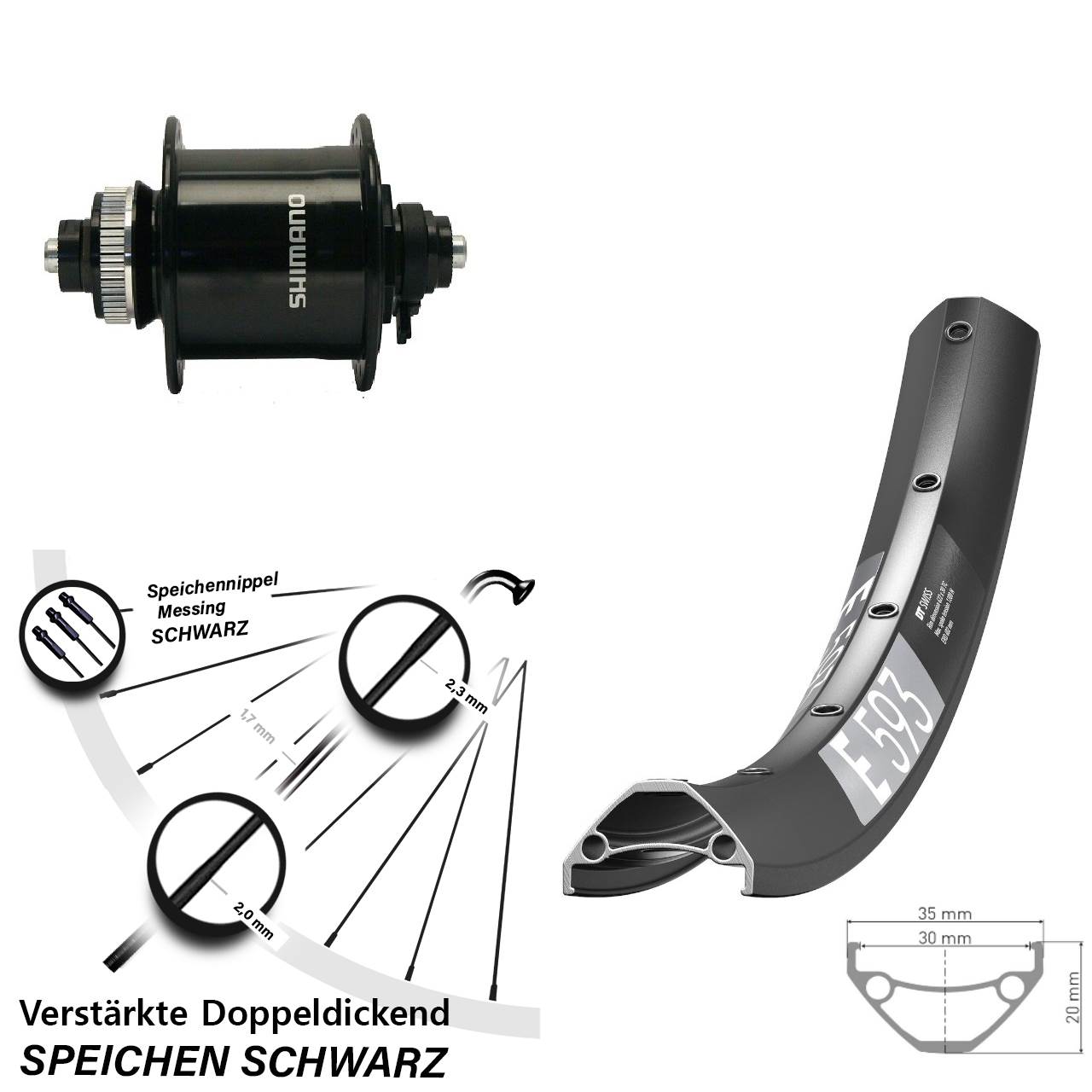 27,5 Zoll DT Swiss E 593 Shimano DH-UR700 Disc Nabendynamovorderrad QR