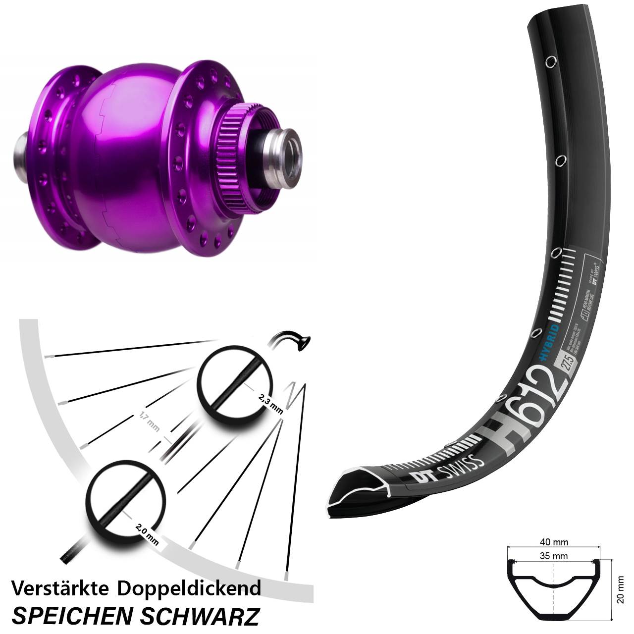 SON 28 violett DT Swiss H612 27,5 Zoll Disc Laufrad mit Nabendynamo 12x100