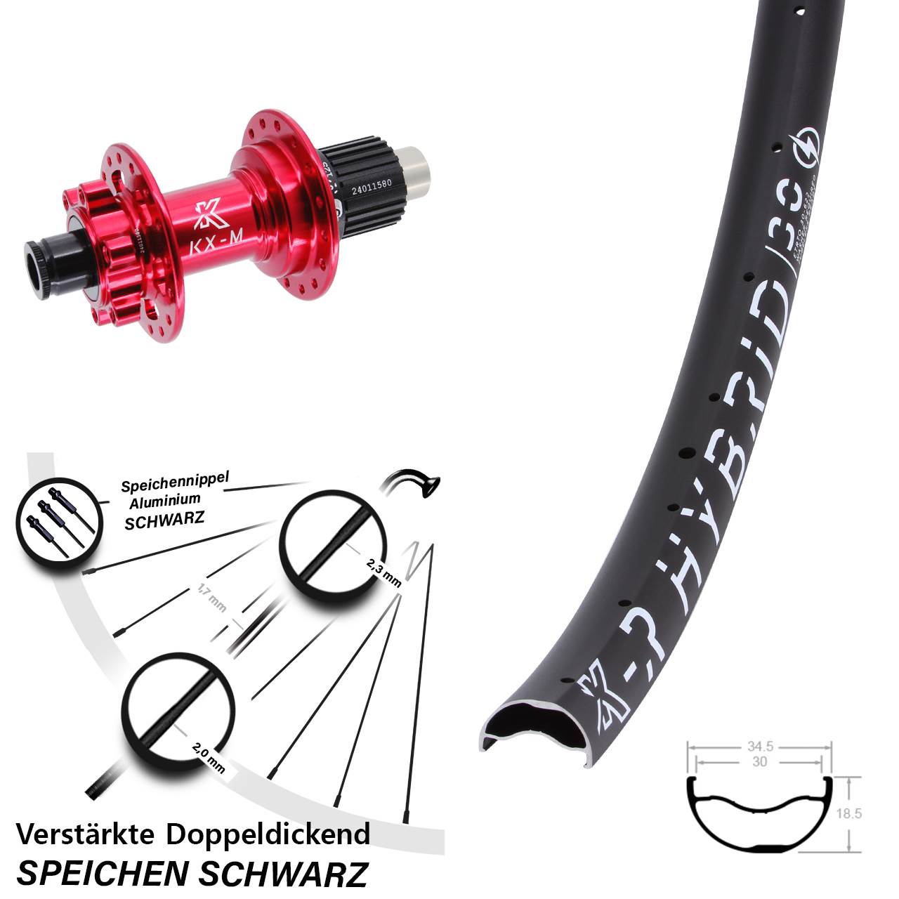 Disc Laufrad 12x142 29 Zoll KX-MR Hybrid 30 rot Shimano Micro Spline