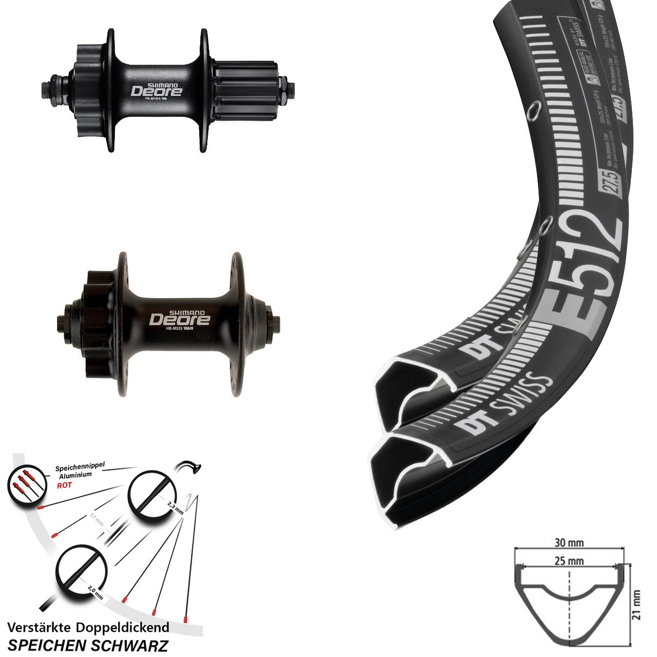 29 Zoll DT Swiss E512 Shimano Deore HB-M525 FH-M525 Disc Laufradsatz QR 8-1