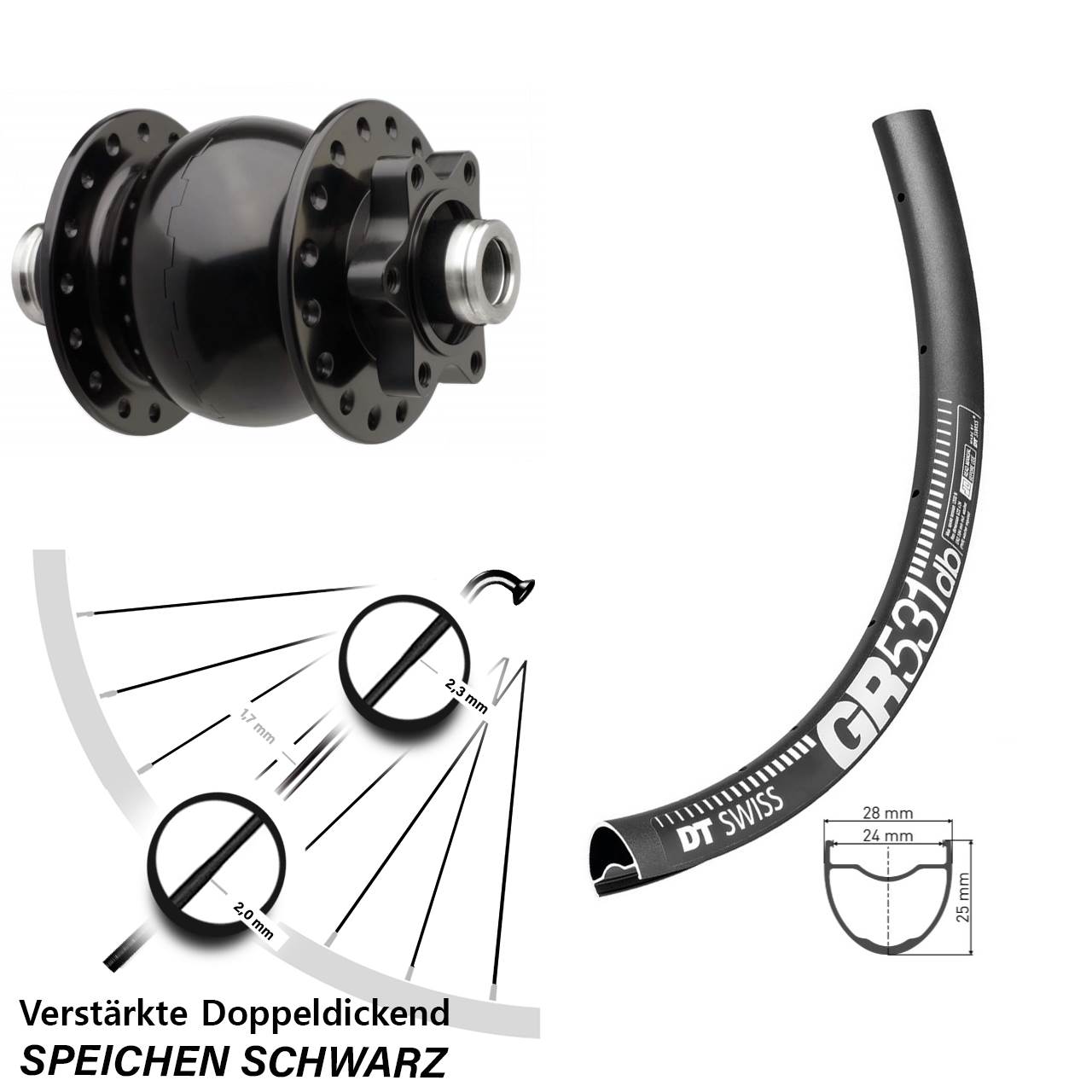 Nabendynamovorderrad 6-Loch 28 Zoll DT Swiss GR 531 SON28 12x110 Boost