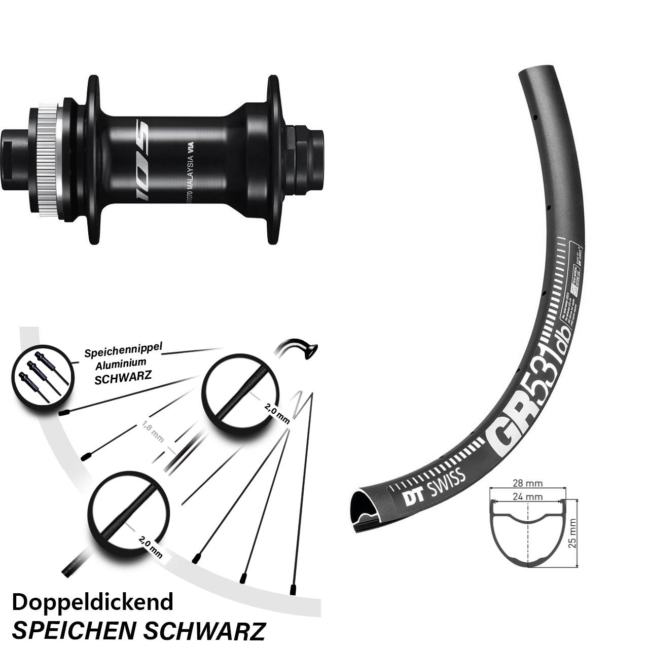 Vorderrad 27,5 Zoll DT Swiss GR 531 Shimano 105 Nabe 12x100 mm Steckachse