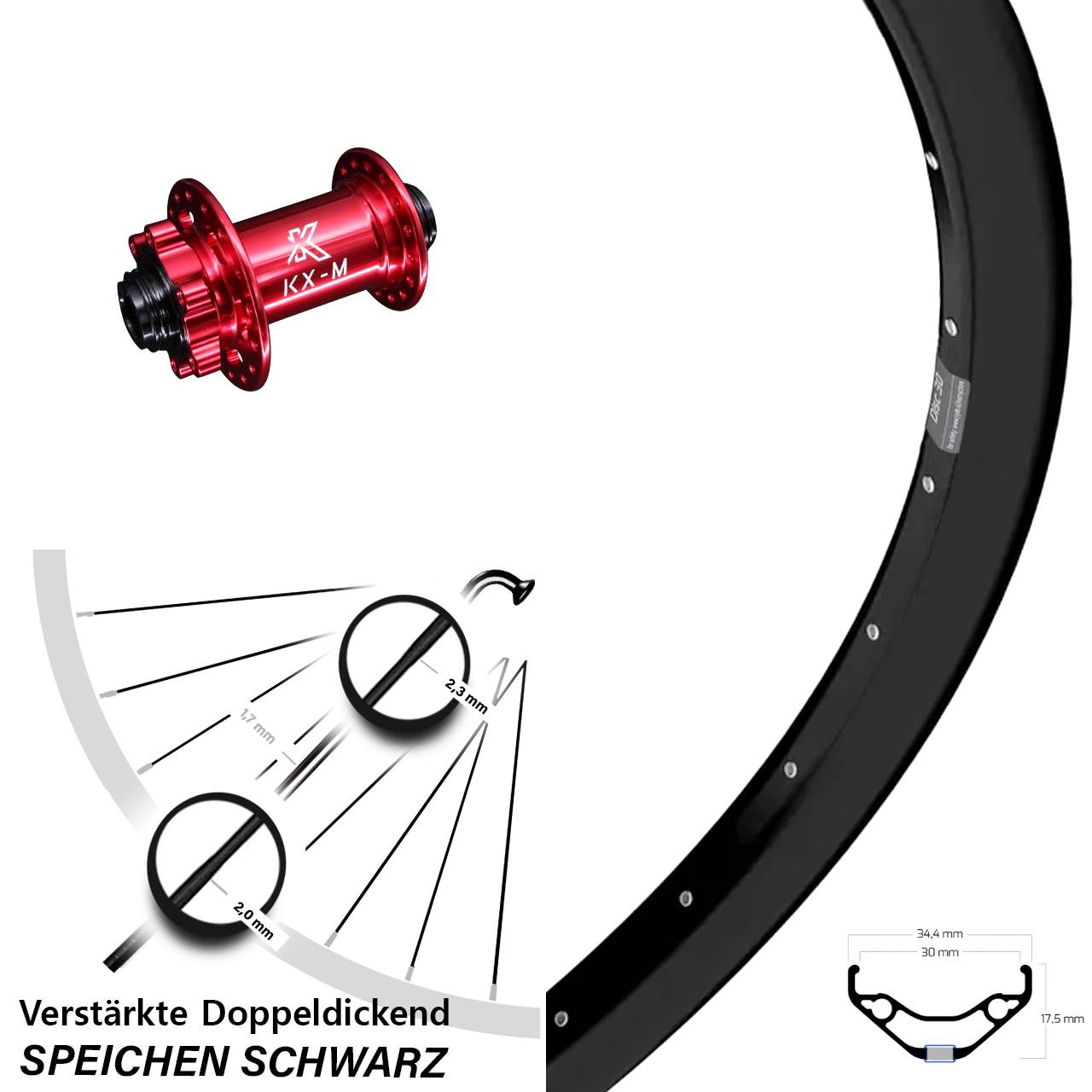 Vorderrad 15x100 27,5 Zoll Ryde Disc 30 KX-M rot