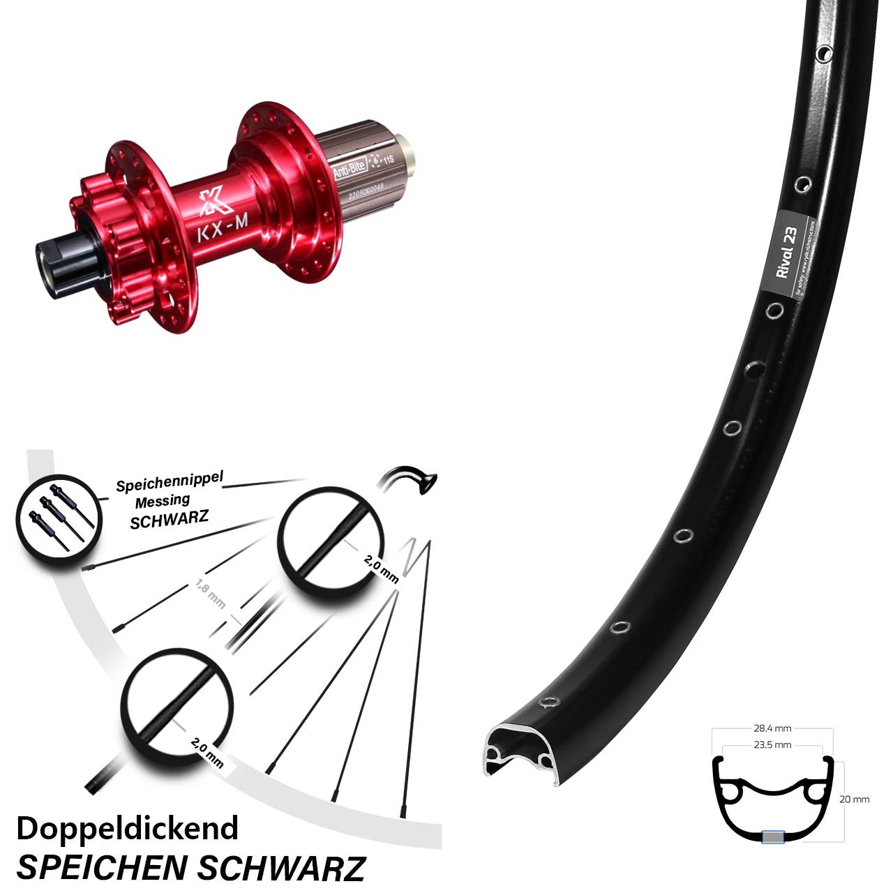 27,5 Zoll Ryde Rival 23 Hinterrad KX-M 8-12 fach 12x142