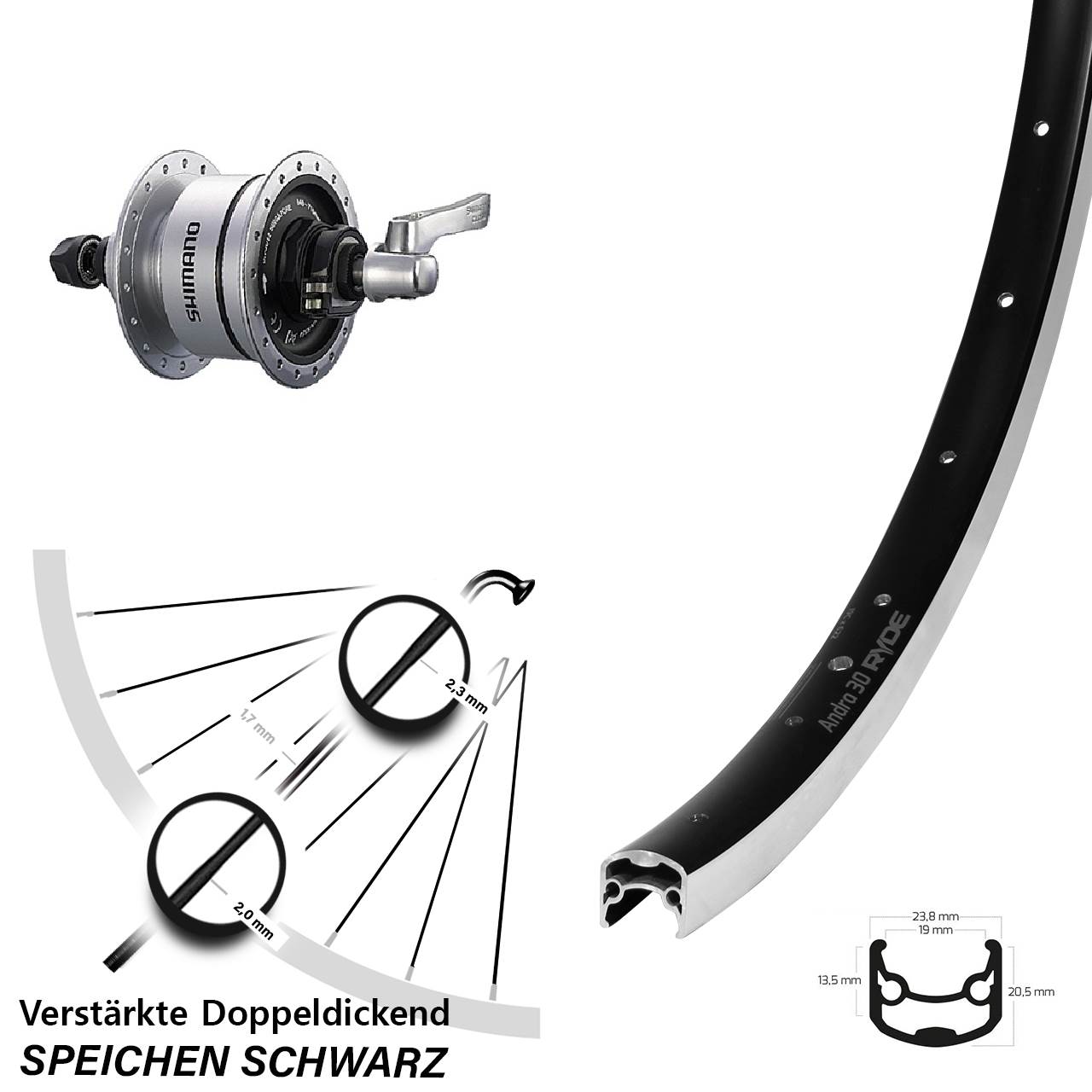 Vorderrad mit Nabendynamo QR 28 Zoll Ryde Andra 30 Shimano DH-3D72