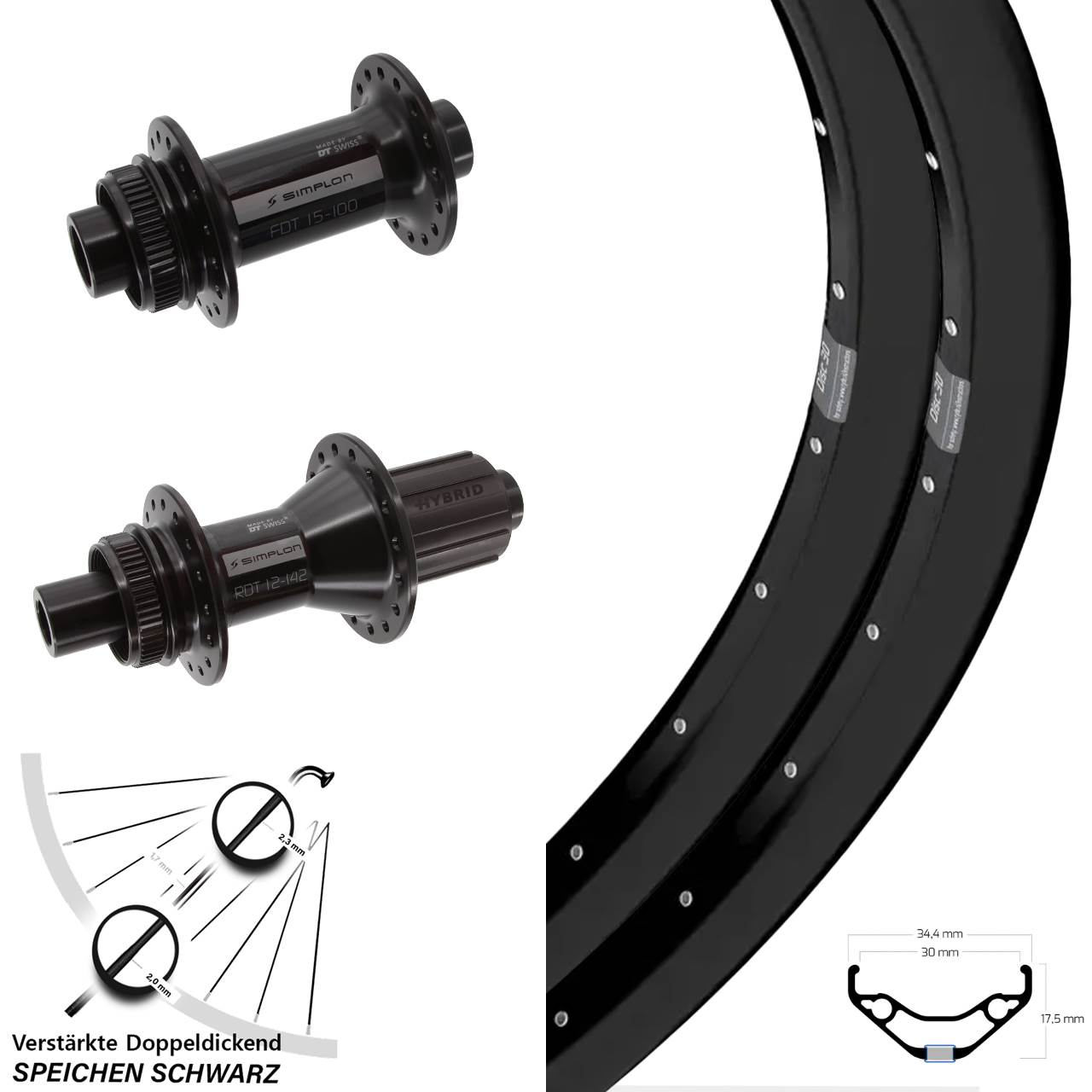 29 Zoll Ryde Disc 30 DT Swiss 370 Hybrid Laufradsatz 15x100 12x142 8-11 fach HG