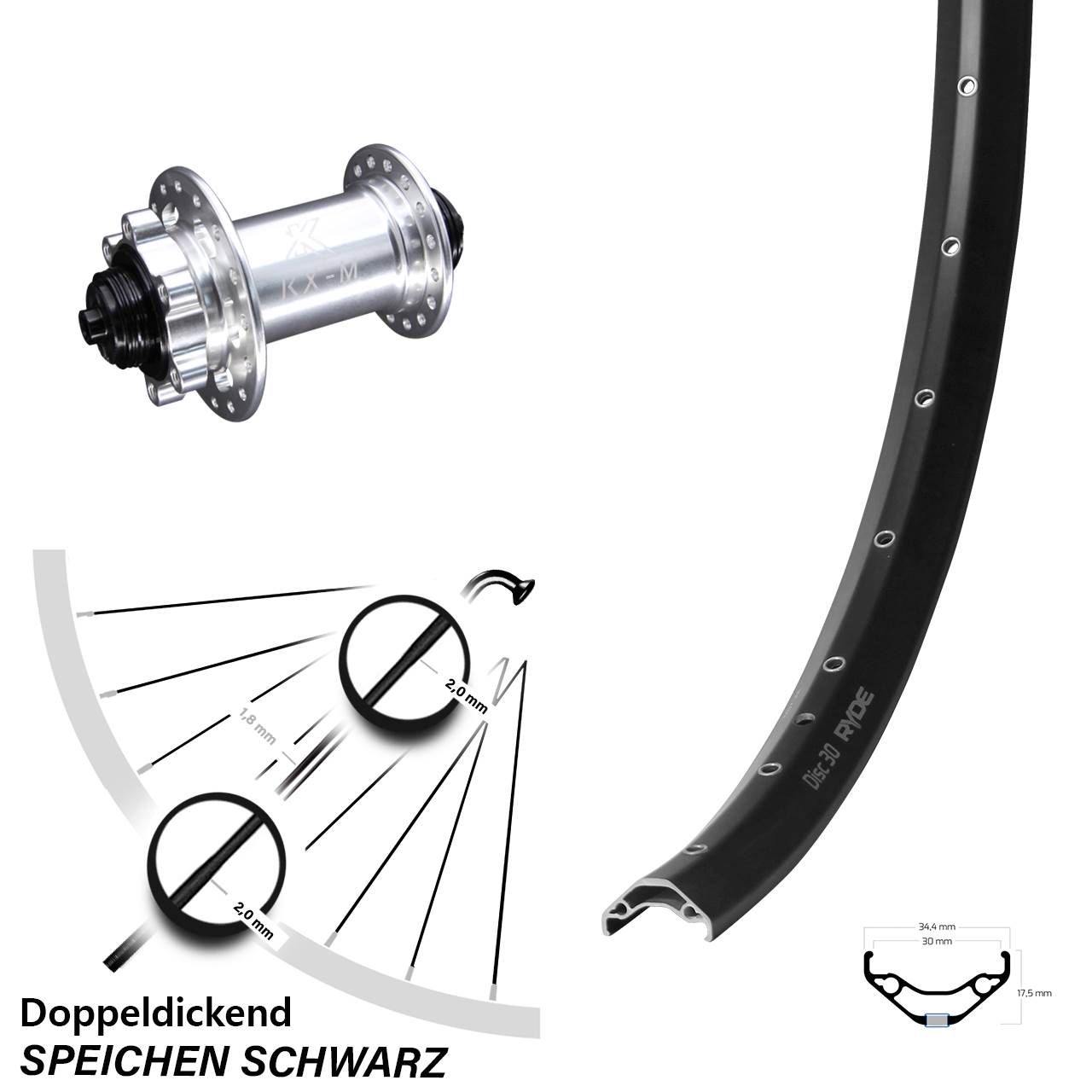 29 Zoll Ryde Disc 30 KX-M 6-Loch Vorderrad QR