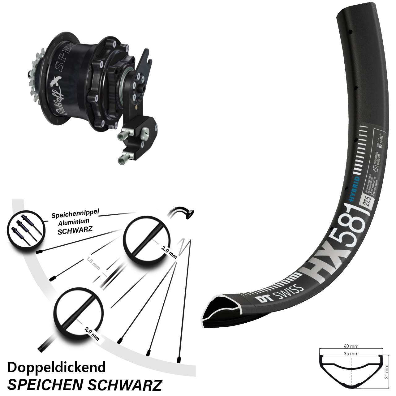 Disc Laufrad 27,5 Zoll DT Swiss HX 581 Rohloff Speedhub CC DB OEM2 Tandem schwarz