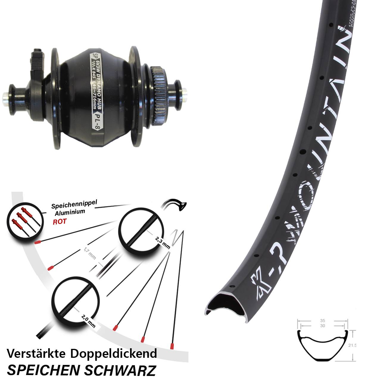 KX-R Mountain Shutter PL-8 27,5 Zoll Disc Vorderrad mit Nabendynamo für Schnellspanner