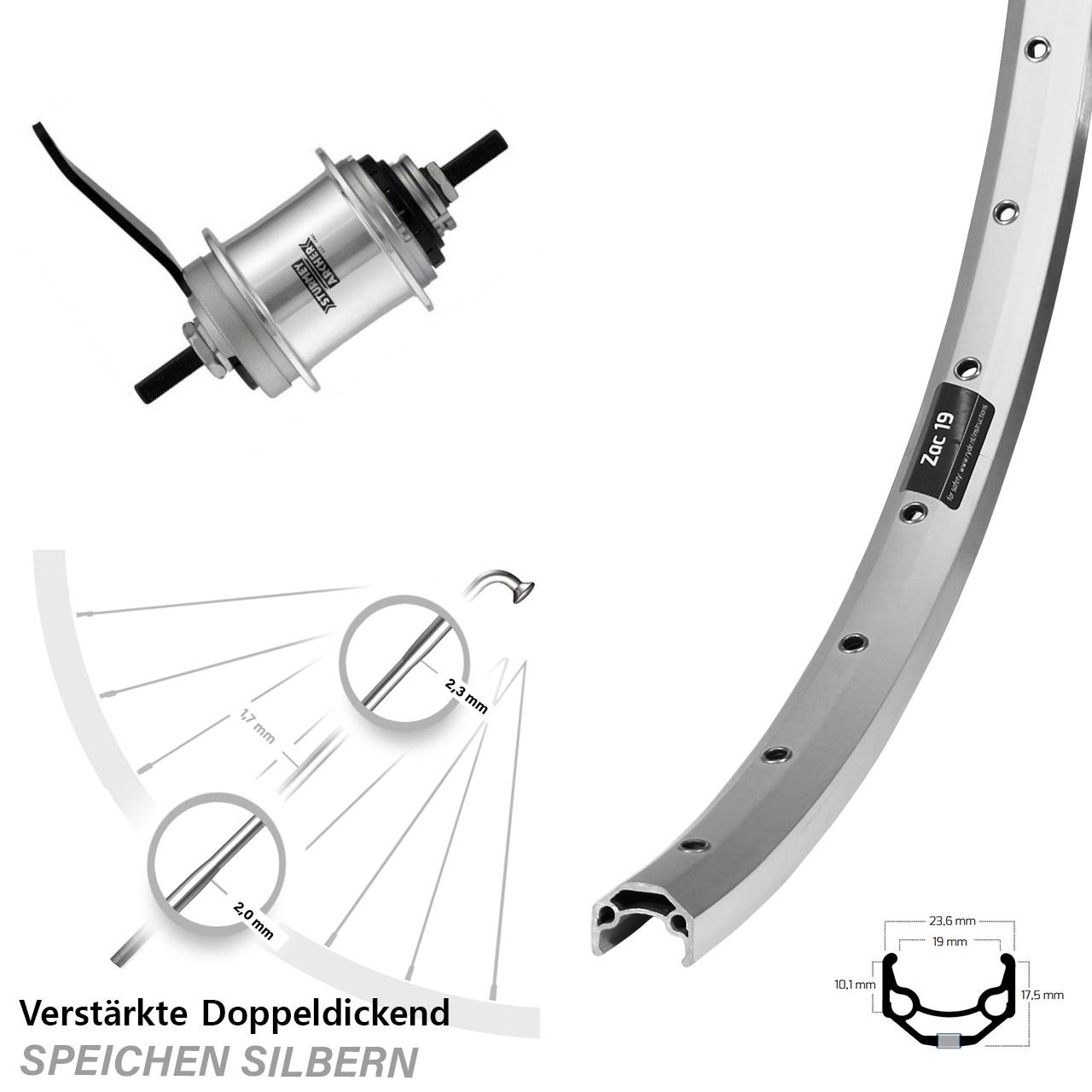 26 Zoll Hinterrad Ryde Zac 19 Sturmey Archer 3-Gang Rücktrittl silbern